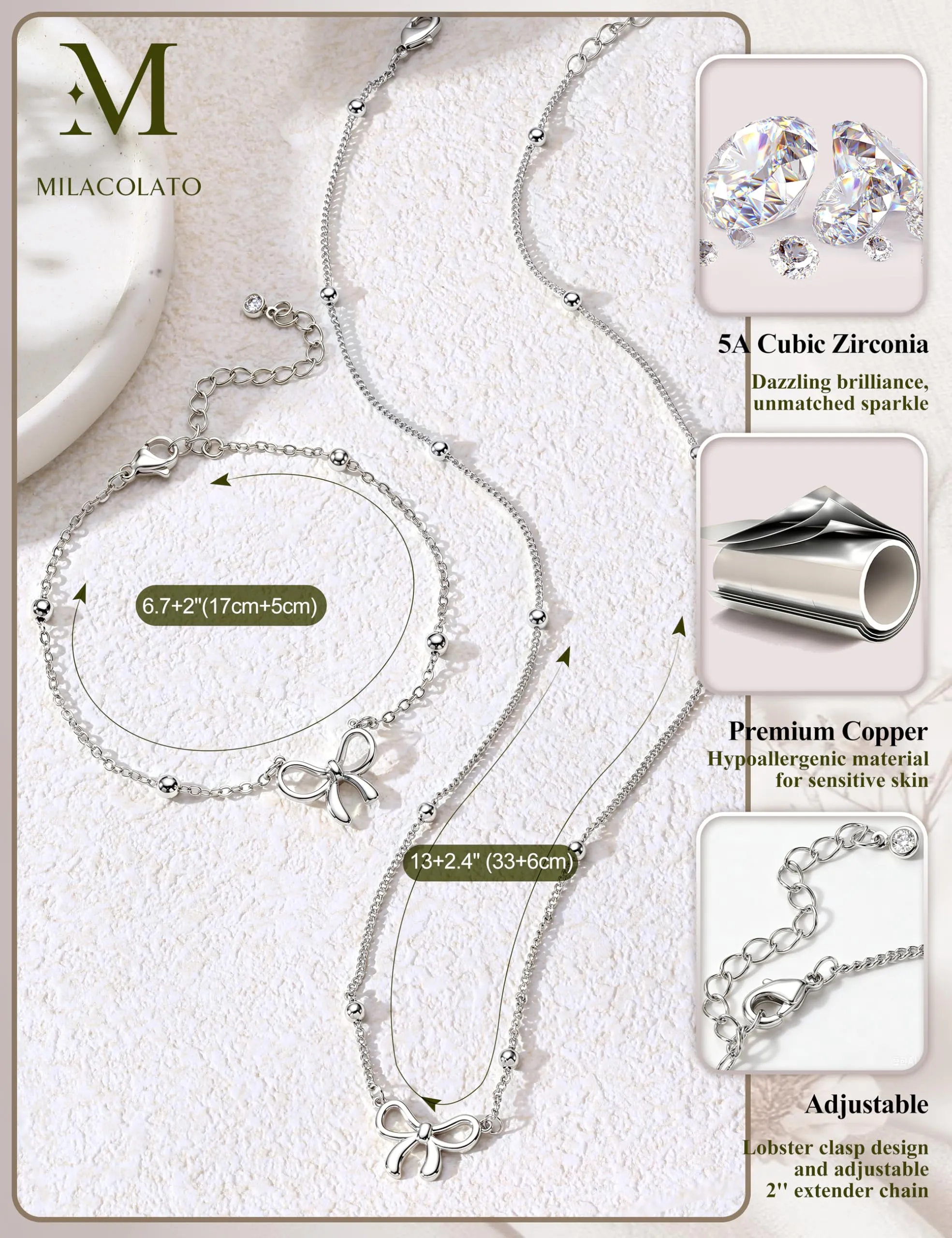 Milacolato Parure Gioielli da Donna con Collana e Bracciale Regolabili - immagine 5