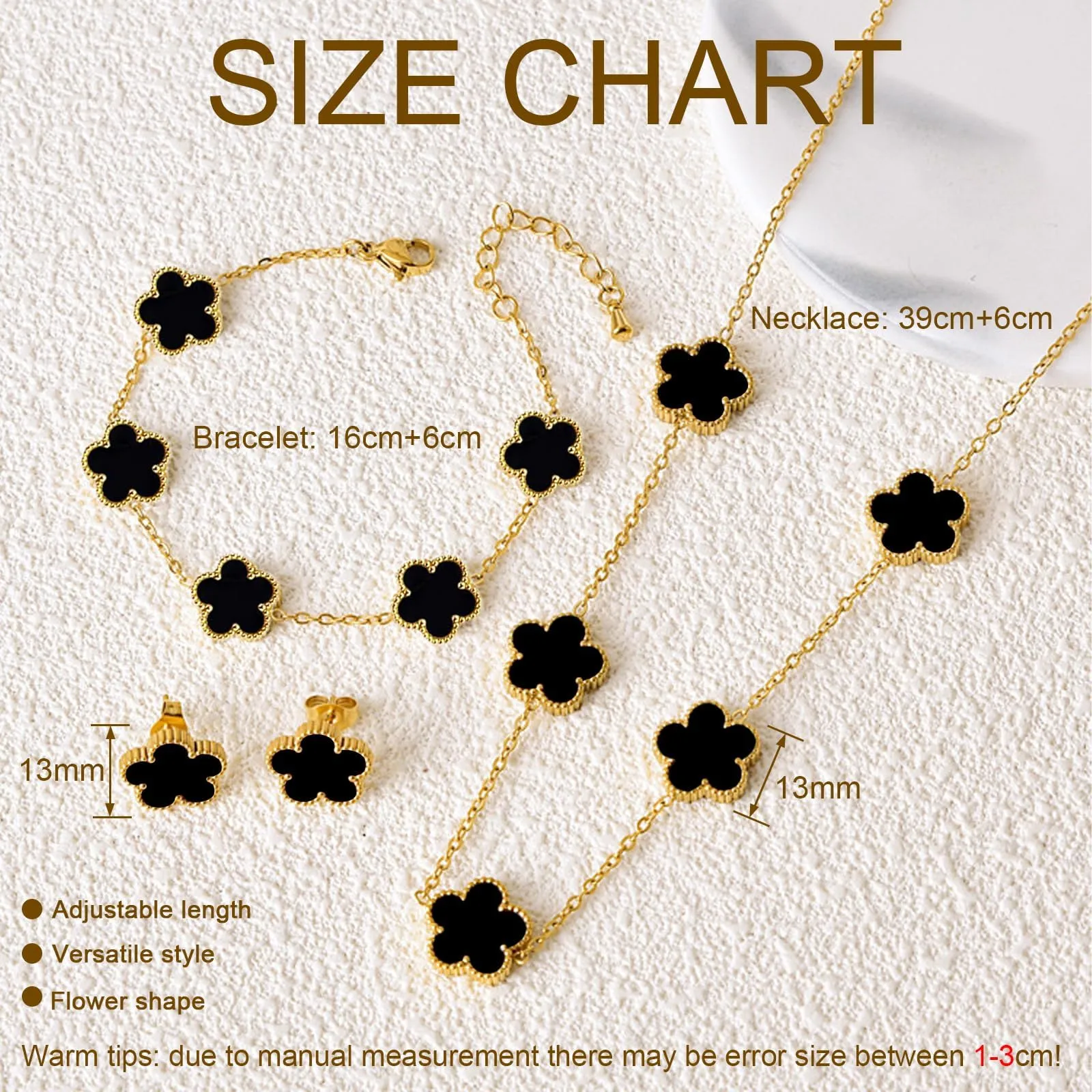 JYIXXZX Set di Gioielli Quadrifoglio da Donna in Acciaio Inossidabile Placcato Oro 18K, Collana, Orecchini e Bracciale (Nero) - immagine 7