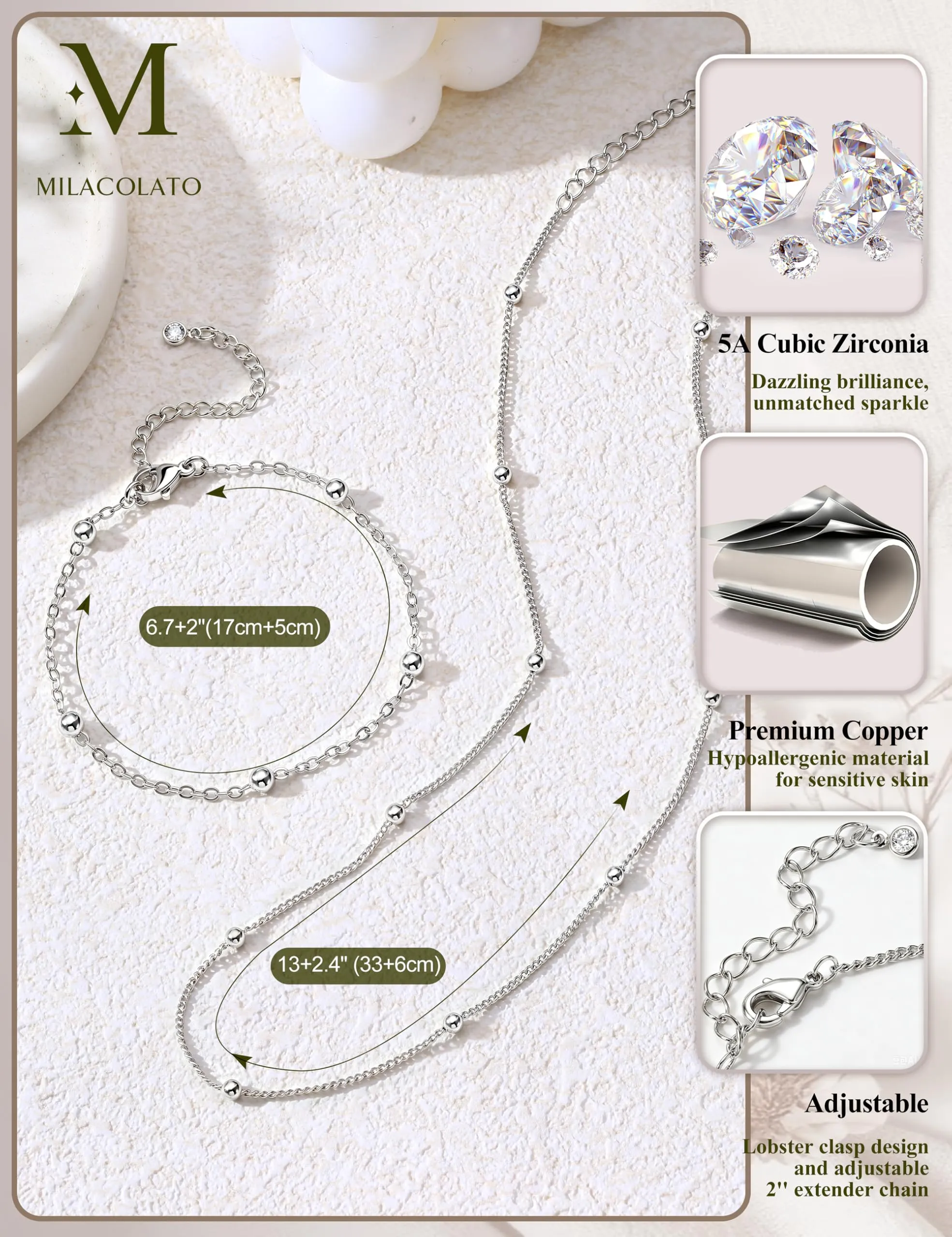 Milacolato Parure Gioielli da Donna Collana e Bracciale Regolabili - immagine 5