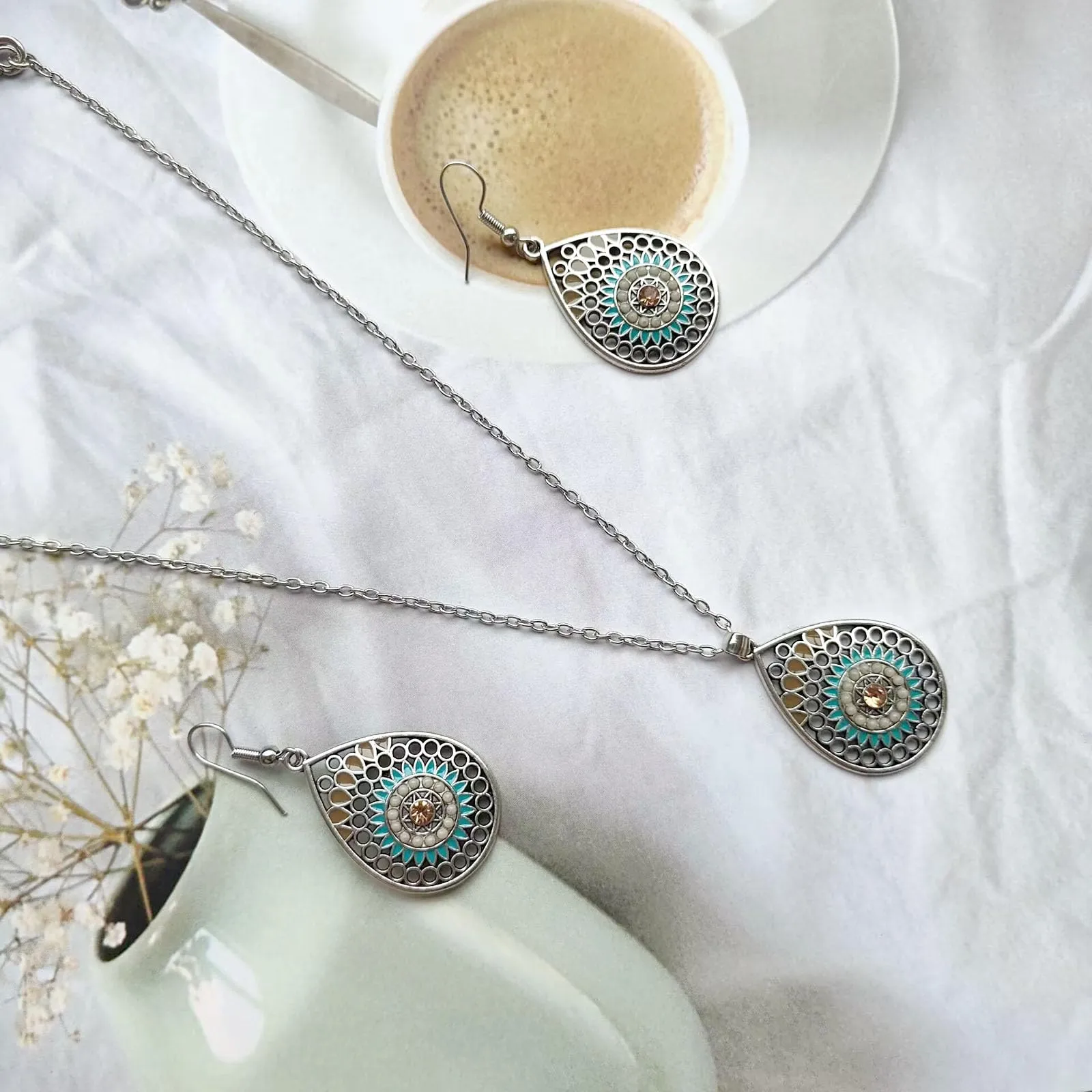 Dishowme Set di gioielli bohémien con turchese, collana e orecchini, 3 pezzi, vintage - immagine 6