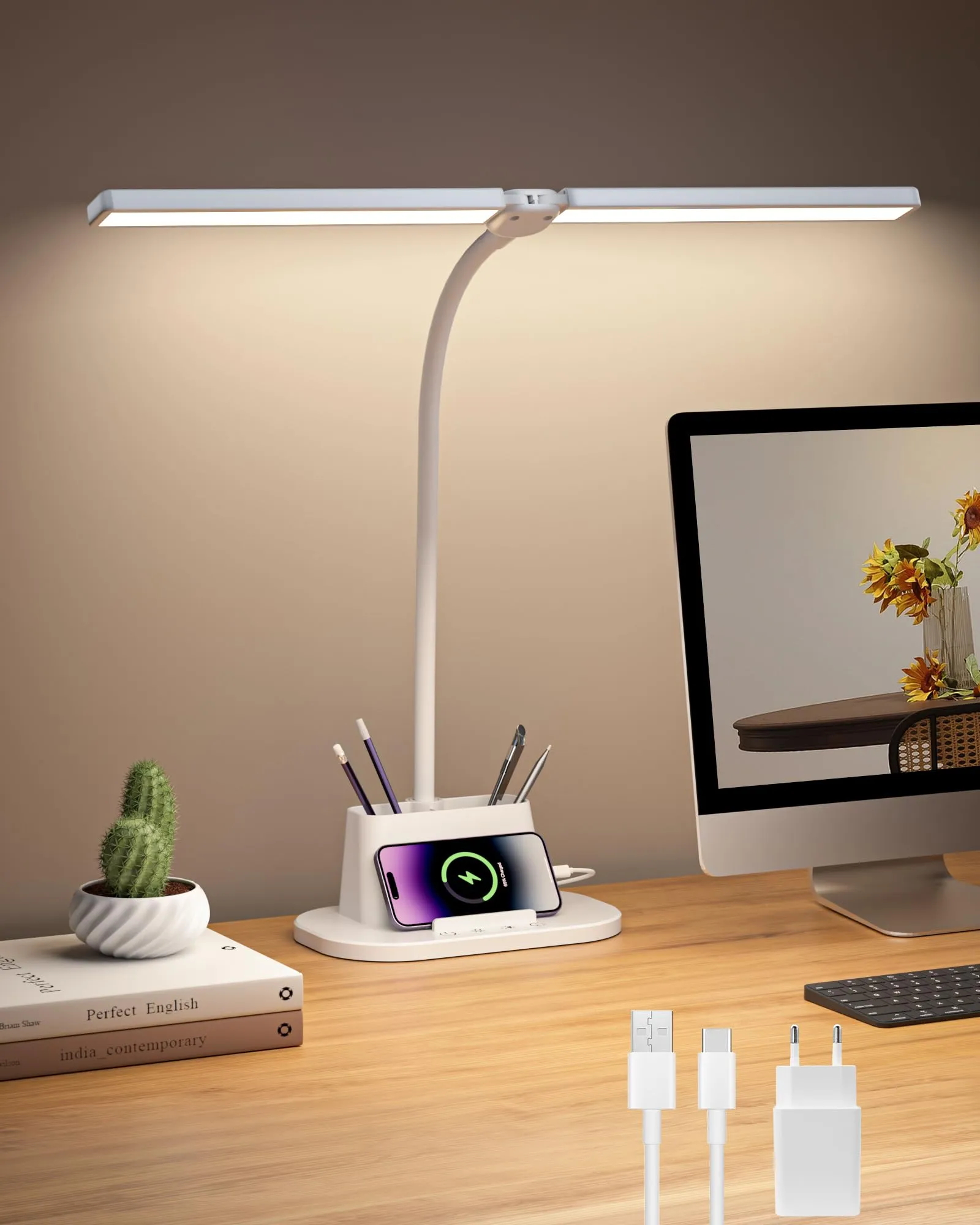 Ylatoial LS65 Lampada da Scrivania LED a Doppia Testa, 25 Modalità, Timer 60 Minuti e Portapenne, Bianco - immagine 1
