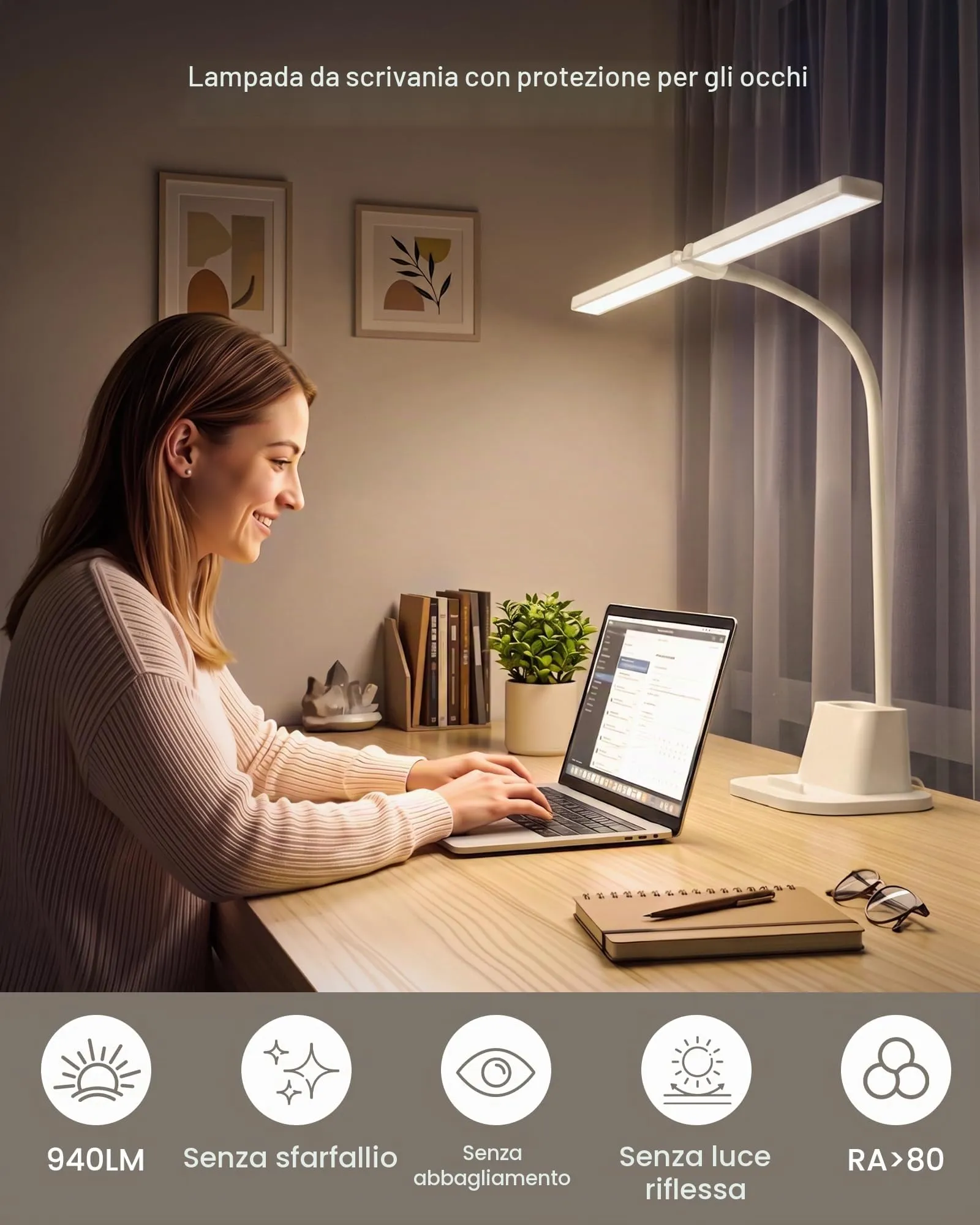 Ylatoial LS65 Lampada da Scrivania LED a Doppia Testa, 25 Modalità, Timer 60 Minuti e Portapenne, Bianco - immagine 3