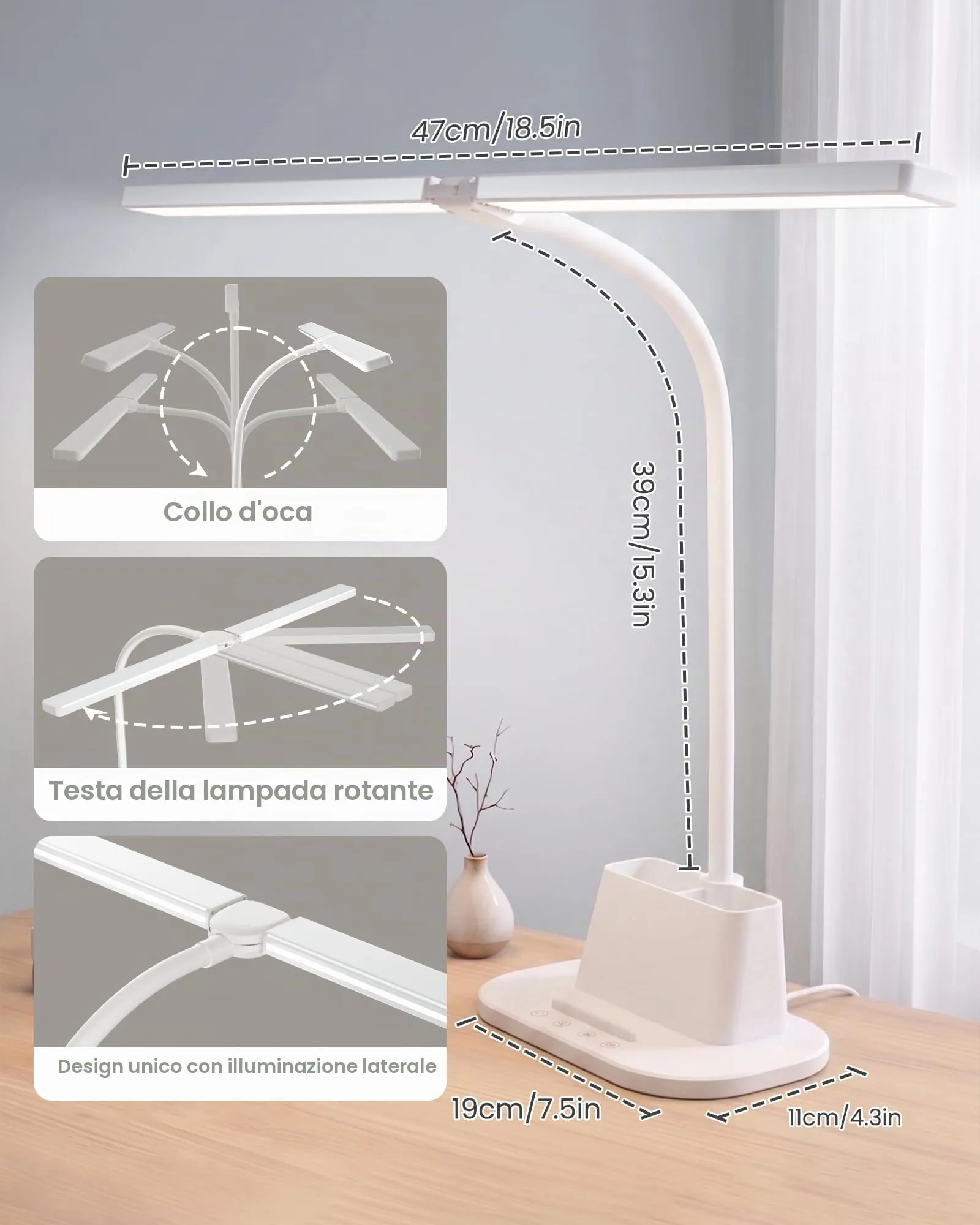Ylatoial LS65 Lampada da Scrivania LED a Doppia Testa, 25 Modalità, Timer 60 Minuti e Portapenne, Bianco - immagine 6