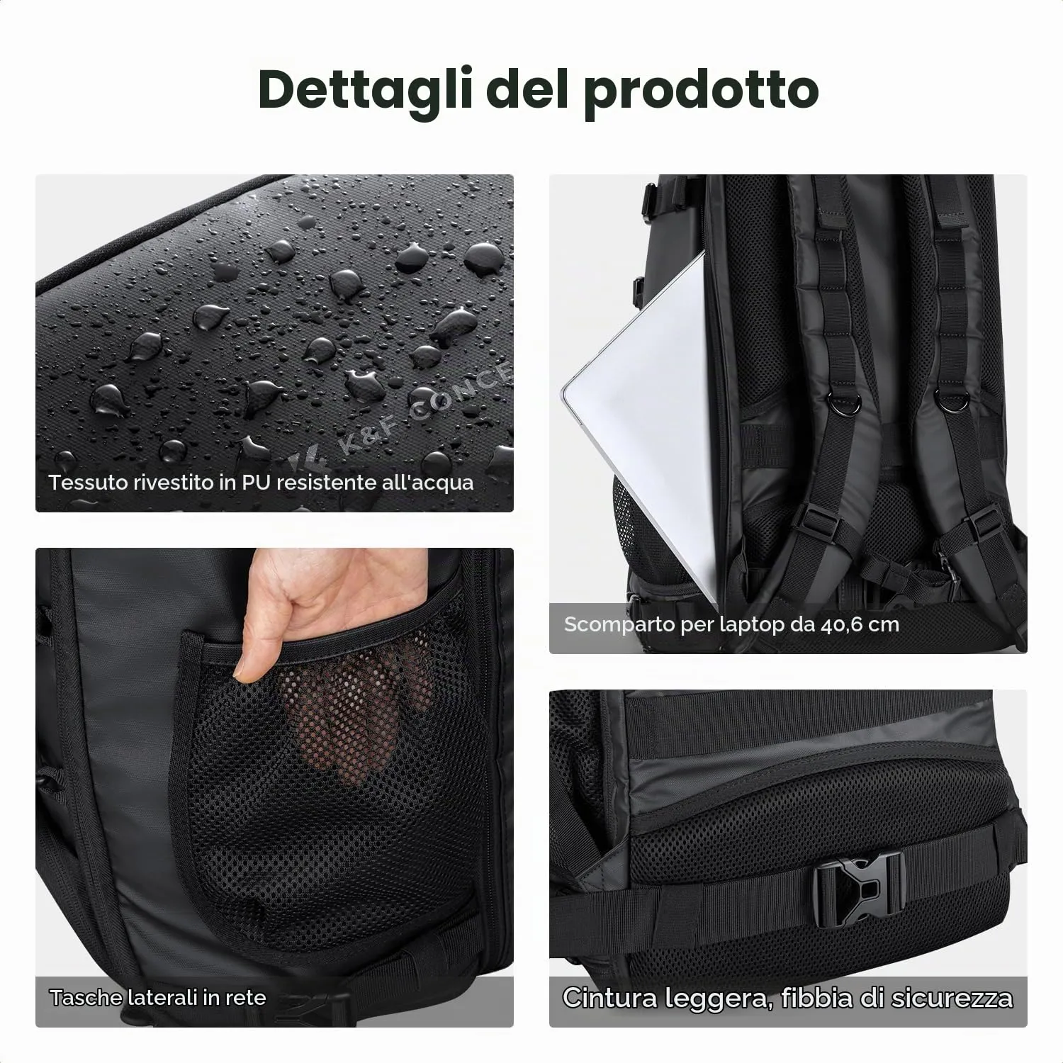K&F CONCEPT Zaino Fotografico 30L Impermeabile, Nero - immagine 5