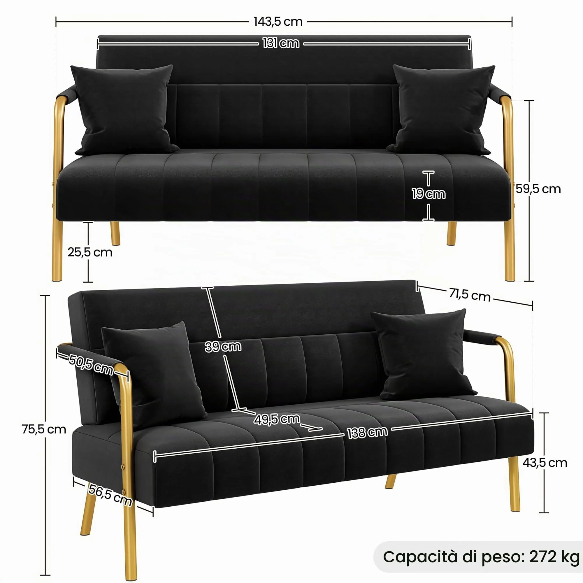 Yaheetech Divano Imbottito a 2 Posti in Velluto con Braccioli, Nero, 143,5 x 71,5 x 75,5 cm - immagine 3