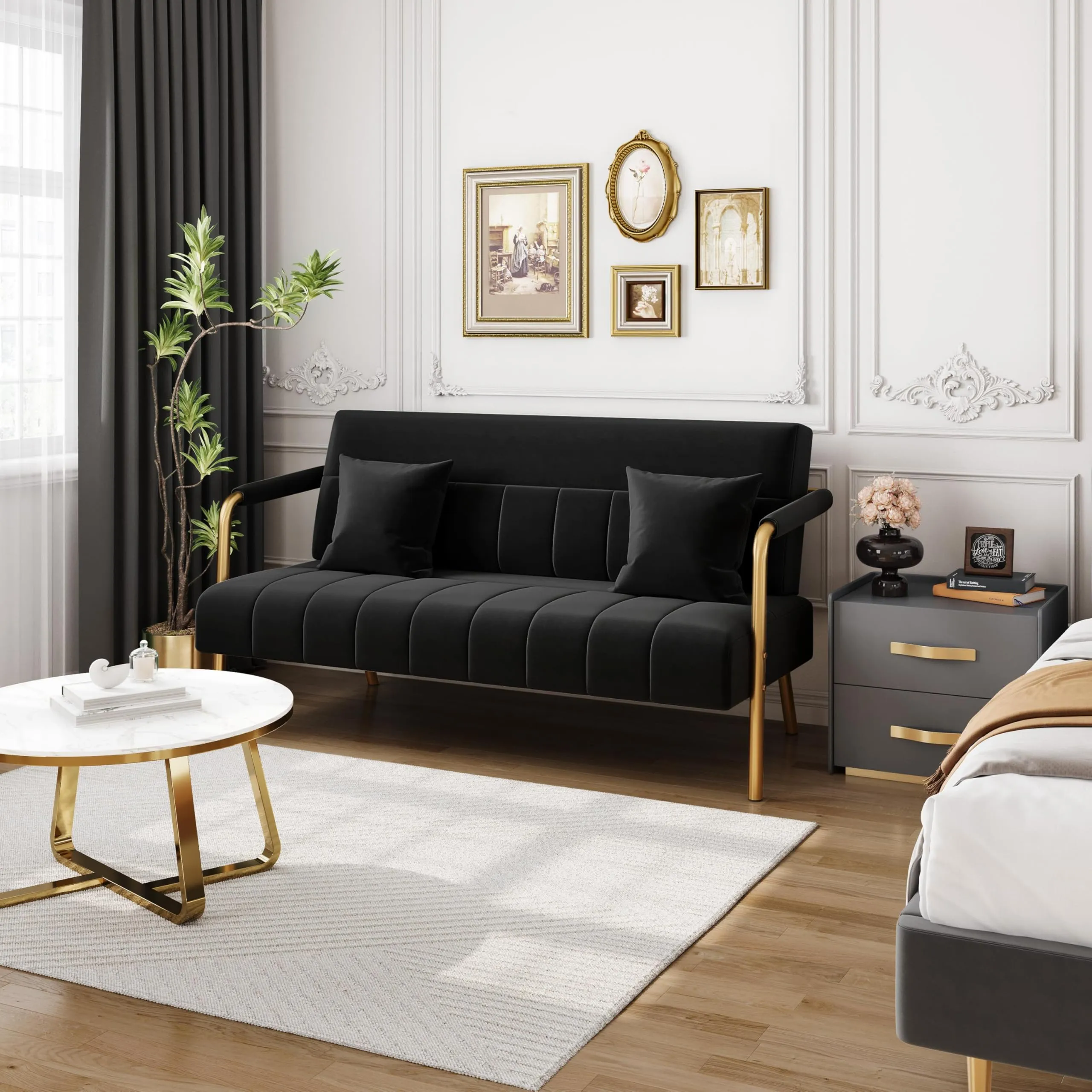 Yaheetech Divano Imbottito a 2 Posti in Velluto con Braccioli, Nero, 143,5 x 71,5 x 75,5 cm - immagine 4
