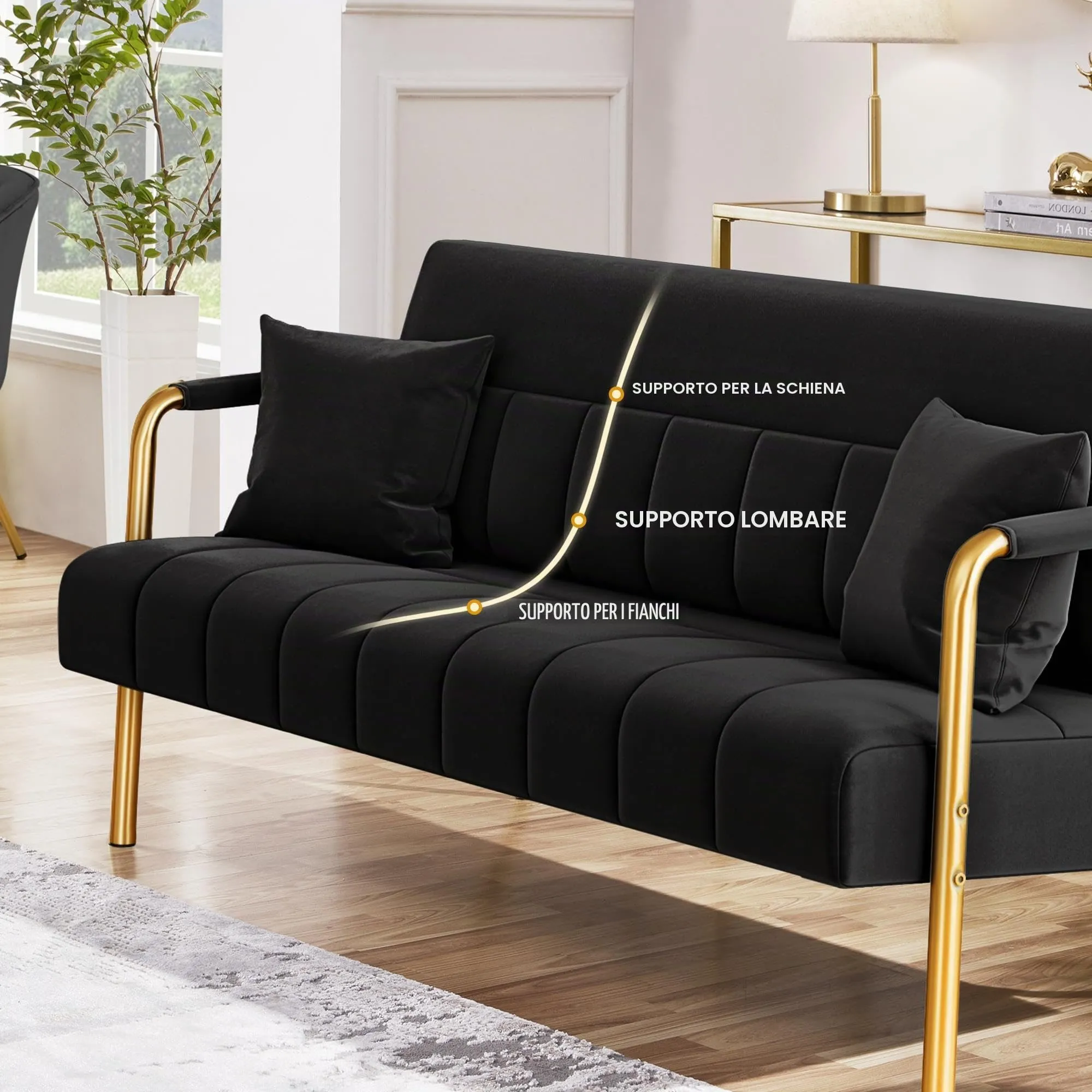 Yaheetech Divano Imbottito a 2 Posti in Velluto con Braccioli, Nero, 143,5 x 71,5 x 75,5 cm - immagine 5