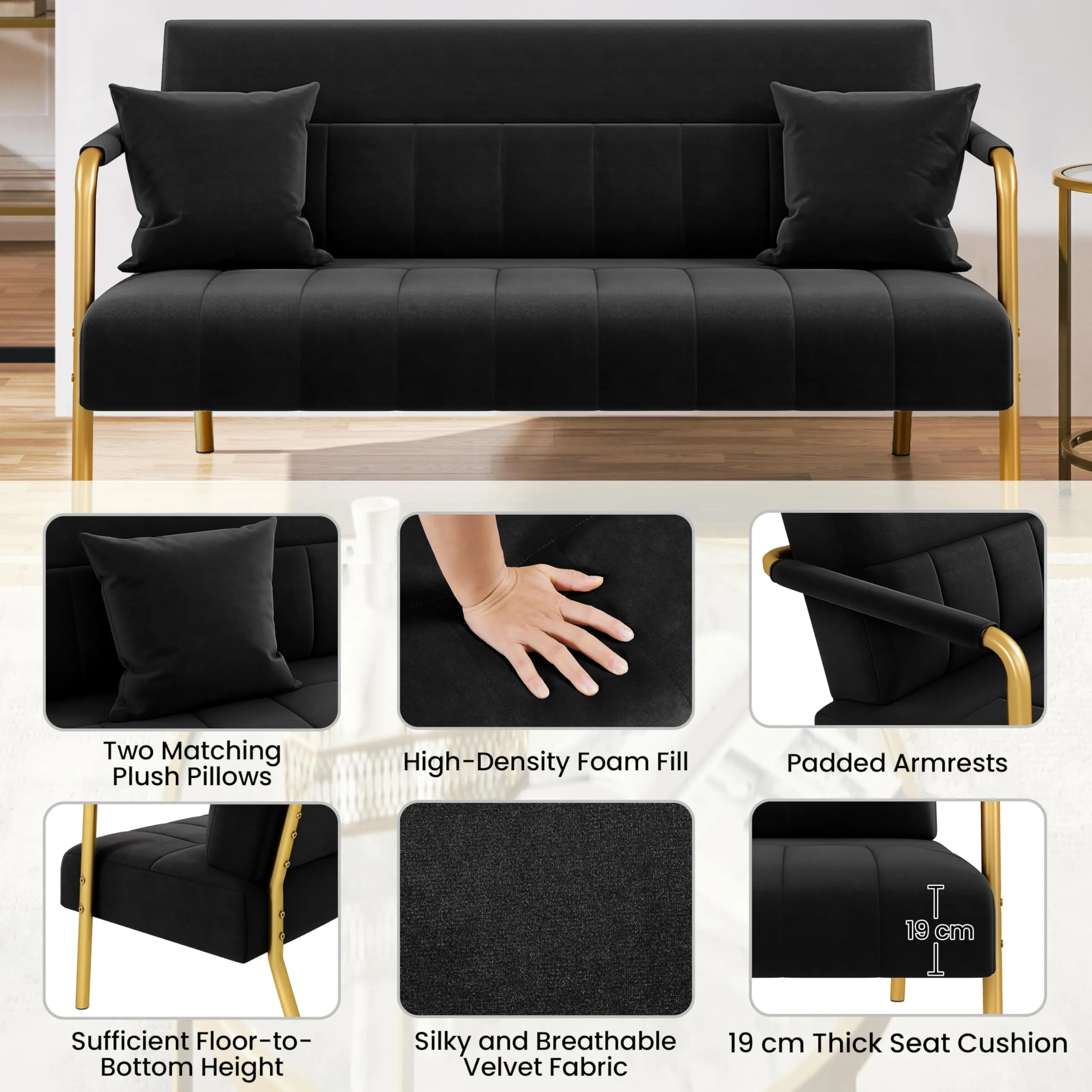 Yaheetech Divano Imbottito a 2 Posti in Velluto con Braccioli, Nero, 143,5 x 71,5 x 75,5 cm - immagine 6