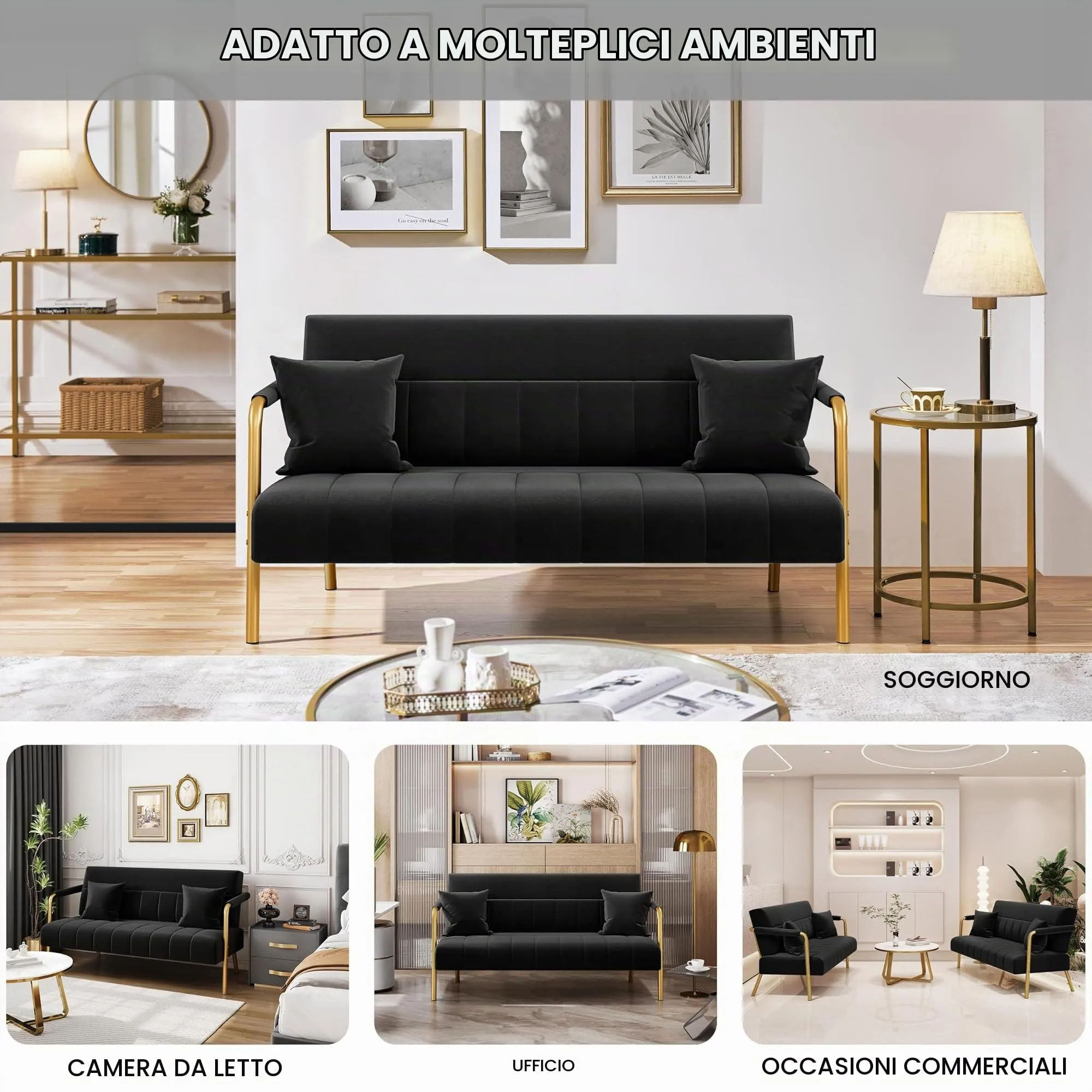 Yaheetech Divano Imbottito a 2 Posti in Velluto con Braccioli, Nero, 143,5 x 71,5 x 75,5 cm - immagine 7
