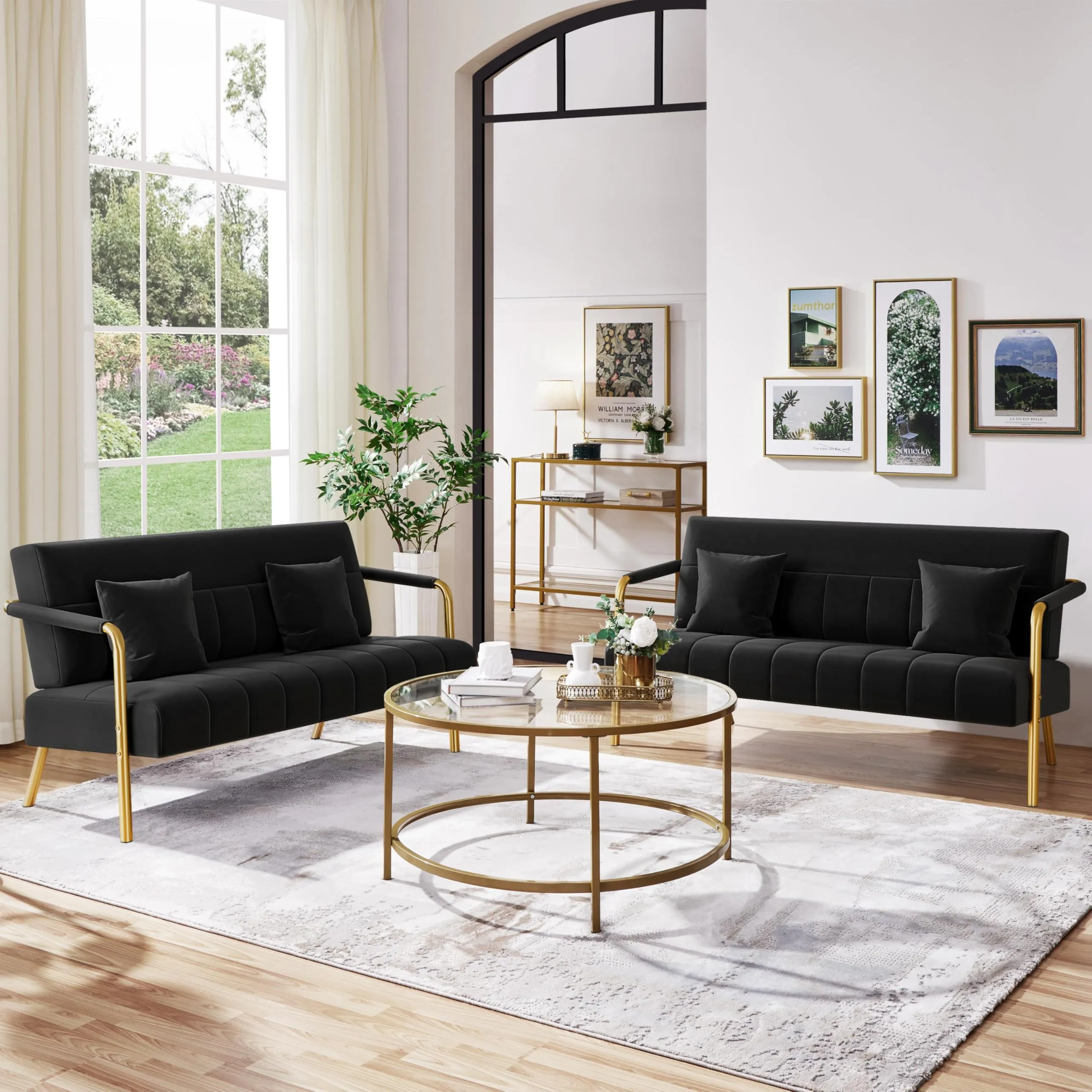 Yaheetech Divano Imbottito a 2 Posti in Velluto con Braccioli, Nero, 143,5 x 71,5 x 75,5 cm - immagine 8