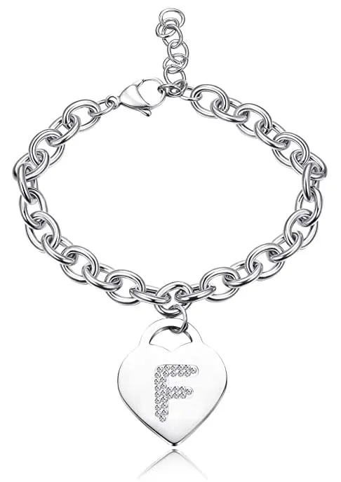 SiLo Bijoux Bracciale Donna in Acciaio Argento con Lettera Iniziale, Strass e Charm Cuore, Misura Regolabile 21 cm - immagine 1