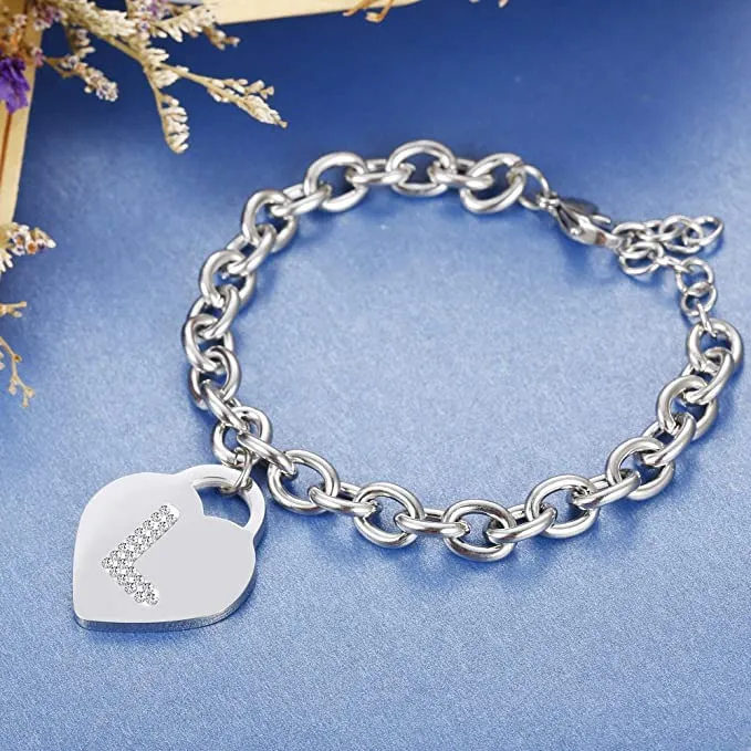 SiLo Bijoux Bracciale Donna in Acciaio Inossidabile Argento con Iniziale Strass e Charm Cuore, Misura Regolabile 21 cm - immagine 2