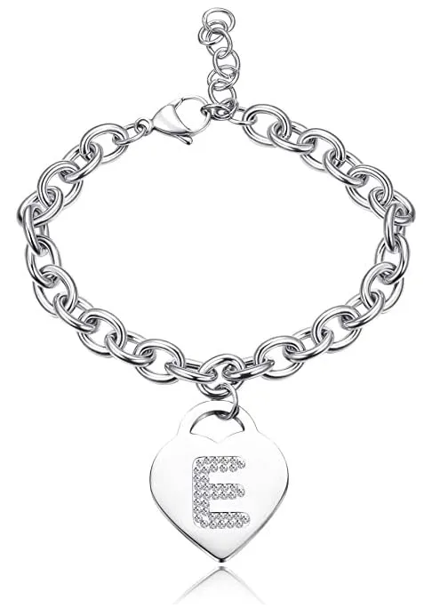 SiLo Bijoux Bracciale con Iniziale in Acciaio Inossidabile, Charm Cuore e Cristalli, Colore Argento, 21 cm - immagine 1