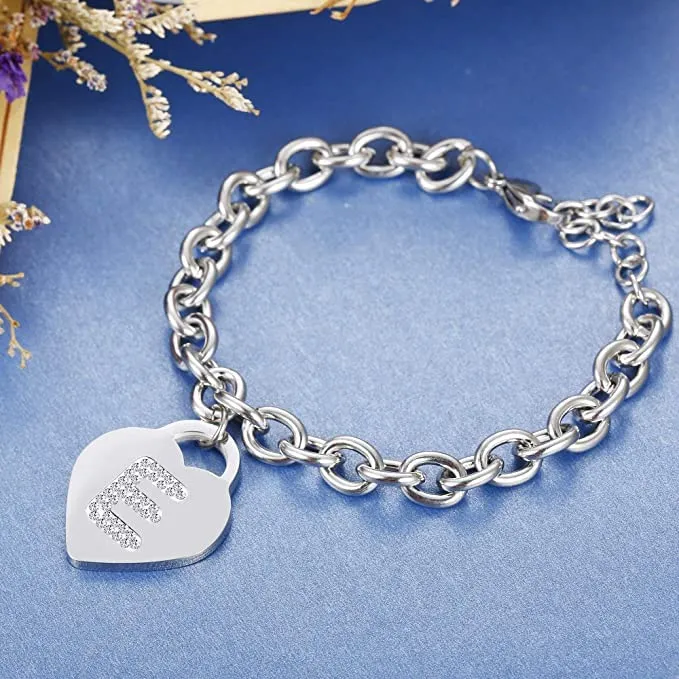 SiLo Bijoux Bracciale con Iniziale in Acciaio Inossidabile, Charm Cuore e Cristalli, Colore Argento, 21 cm - immagine 2