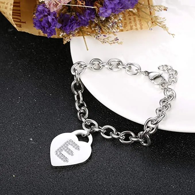 SiLo Bijoux Bracciale con Iniziale in Acciaio Inossidabile, Charm Cuore e Cristalli, Colore Argento, 21 cm - immagine 4