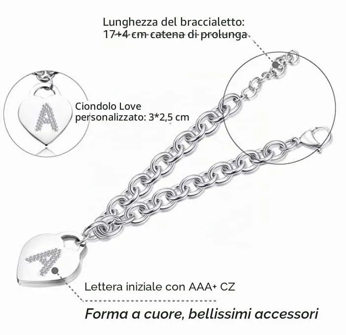 SiLo Bijoux Bracciale con Iniziale in Acciaio Inossidabile, Charm Cuore e Cristalli, Colore Argento, 21 cm - immagine 6