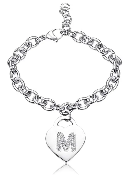 SiLo Bijoux Bracciale con Iniziale in Acciaio e Strass, Ciondolo Cuore e Cristalli, Colore Argento, Misura 21 cm - immagine 1