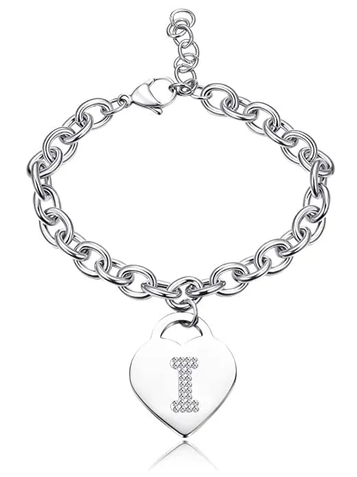 SiLo Bijoux Bracciale Donna in Acciaio Inossidabile con Iniziale, Cristalli e Charm Cuore, Argento, Misura 21 cm - immagine 1
