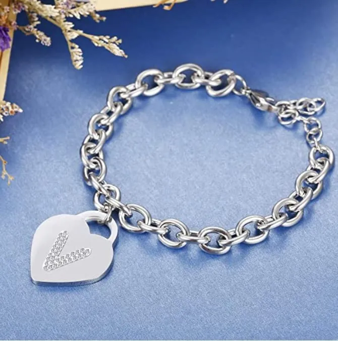SiLo Bijoux Bracciale con Iniziale in Acciaio Inossidabile, Cristalli e Charm Cuore, Argento, 21 cm - immagine 2