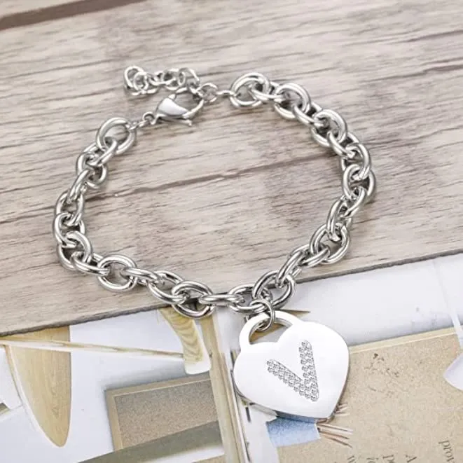 SiLo Bijoux Bracciale con Iniziale in Acciaio Inossidabile, Cristalli e Charm Cuore, Argento, 21 cm - immagine 3