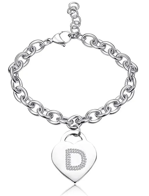 SiLo Bijoux Bracciale con Lettera Iniziale in Acciaio Argento, Charm Cuore e Cristalli, Misura Regolabile 21 cm - immagine 1