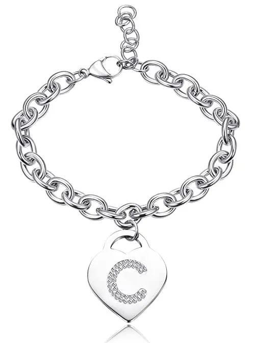 SiLo Bijoux Bracciale Donna in Acciaio Inossidabile con Iniziale, Cristalli e Charm Cuore, Colore Argento, 21 cm - immagine 1