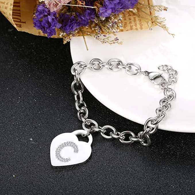 SiLo Bijoux Bracciale Donna in Acciaio Inossidabile con Iniziale, Cristalli e Charm Cuore, Colore Argento, 21 cm - immagine 4