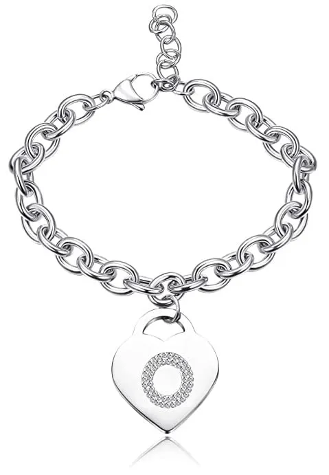 SiLo Bijoux Bracciale con lettera iniziale in acciaio argento, charm cuore e cristalli, misura regolabile 21 cm - immagine 1