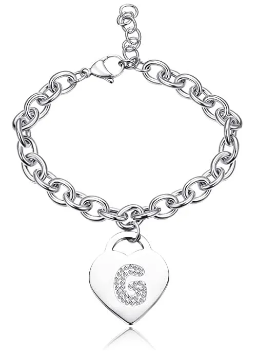 SiLo Bijoux Bracciale Donna in Acciaio Inossidabile con Iniziale, Cristalli e Charm Cuore, Argento, 21 cm - immagine 1