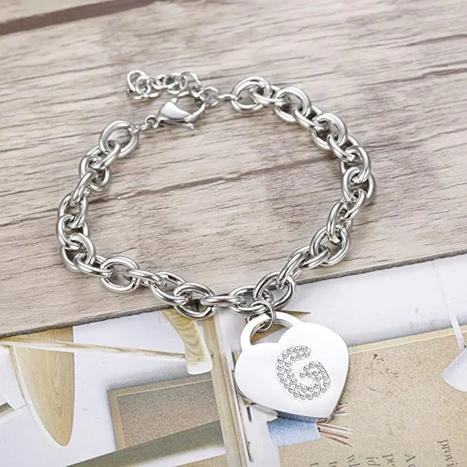 SiLo Bijoux Bracciale Donna in Acciaio Inossidabile con Iniziale, Cristalli e Charm Cuore, Argento, 21 cm - immagine 3