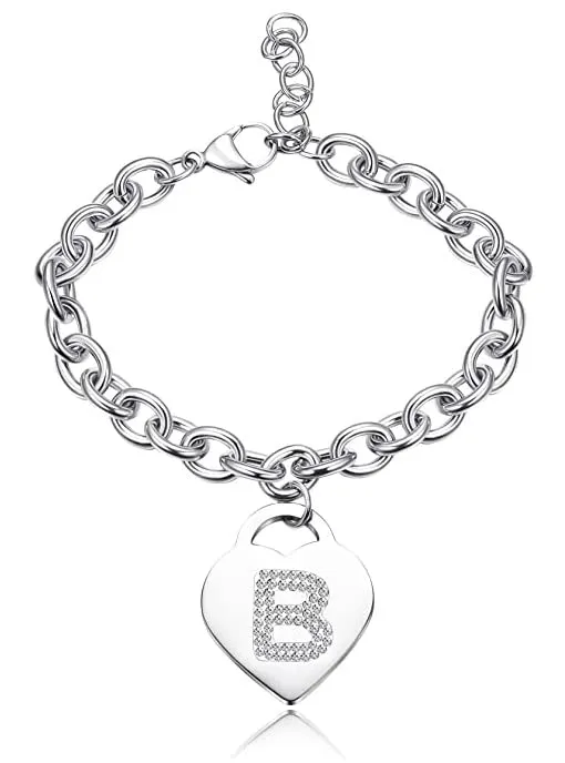SiLo Bijoux Bracciale Donna in Acciaio Inossidabile Argento con Iniziale in Strass e Charm Cuore, 21 cm - immagine 1