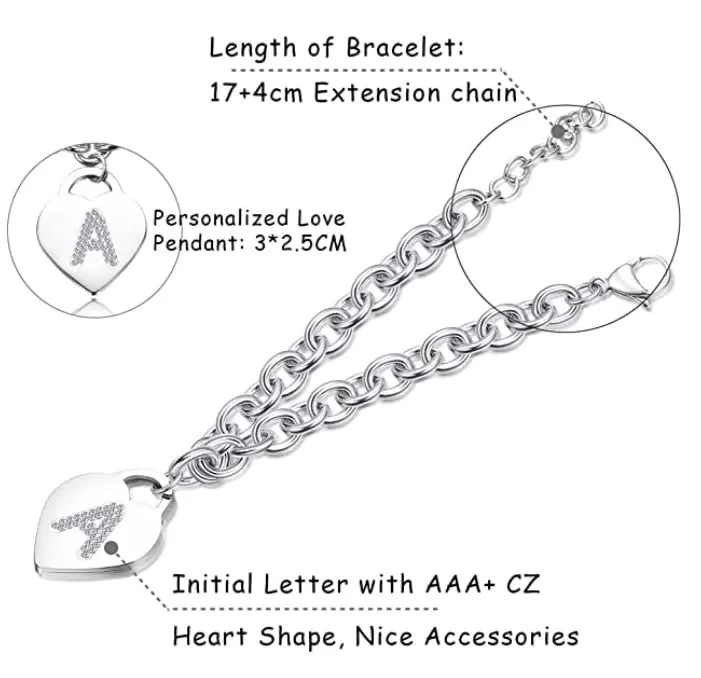 SiLo Bijoux Bracciale Donna in Acciaio Inossidabile Argento con Iniziale in Strass e Charm Cuore, 21 cm - immagine 4