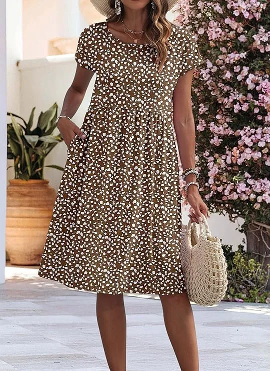 AUSELILY Vestito Estivo Donna a Maniche Corte con Tasche, Motivo Caffè, Floreale - immagine 3
