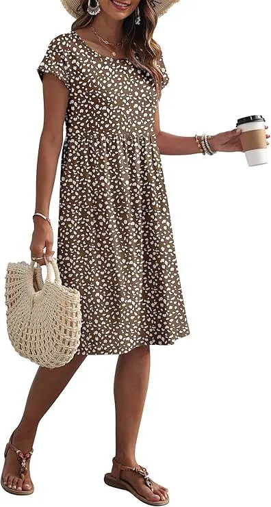 AUSELILY Vestito Estivo Donna a Maniche Corte con Tasche, Motivo Caffè, Floreale - immagine 4