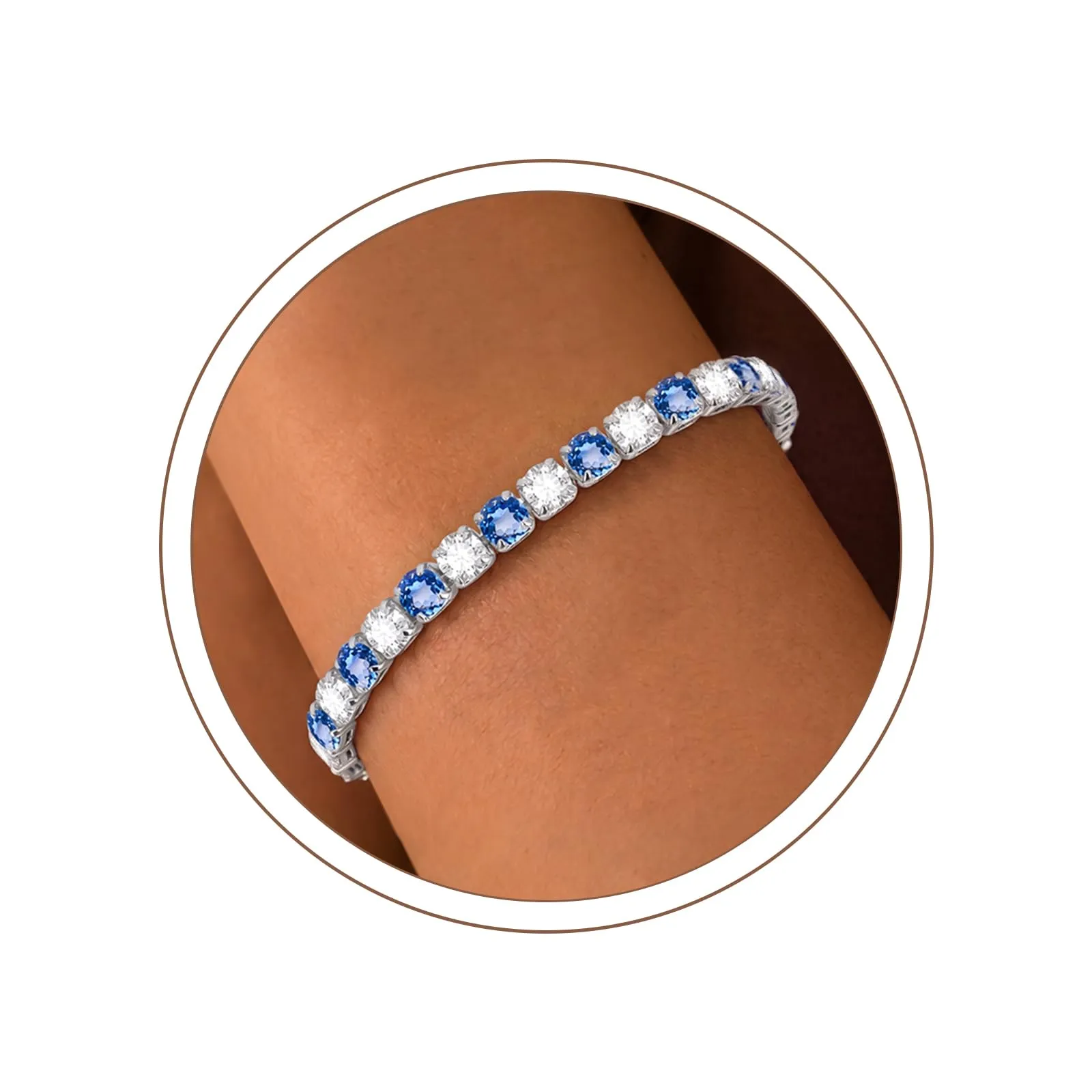 Ahokei Bracciale Tennis Donna in Argento 925 con Zirconi Blu Mare e Bianchi, 4mm, 19.5cm - immagine 1