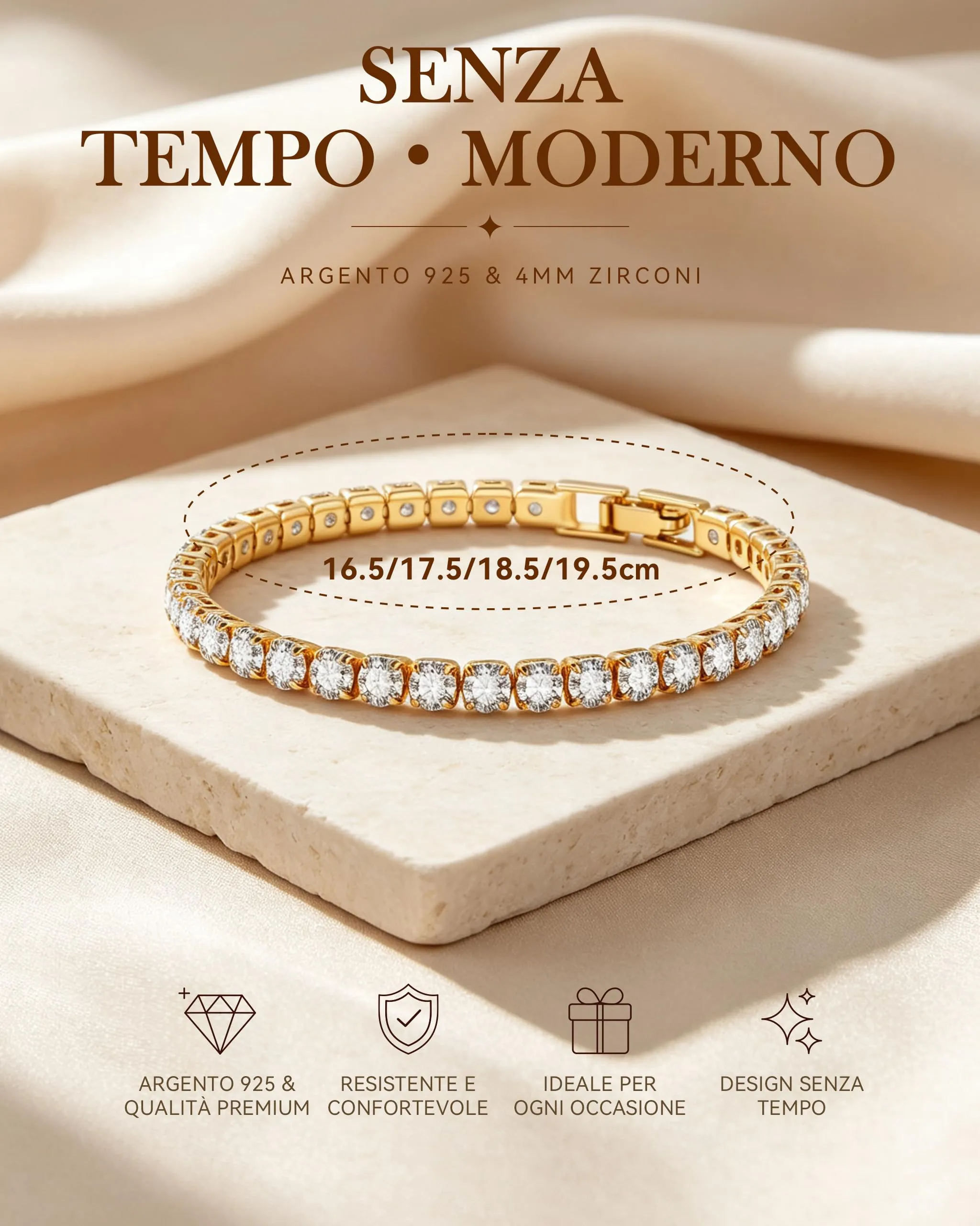 Ahokei Bracciale Tennis Donna in Argento 925 placcato Oro con Zirconi 4mm, 17.5cm - immagine 4