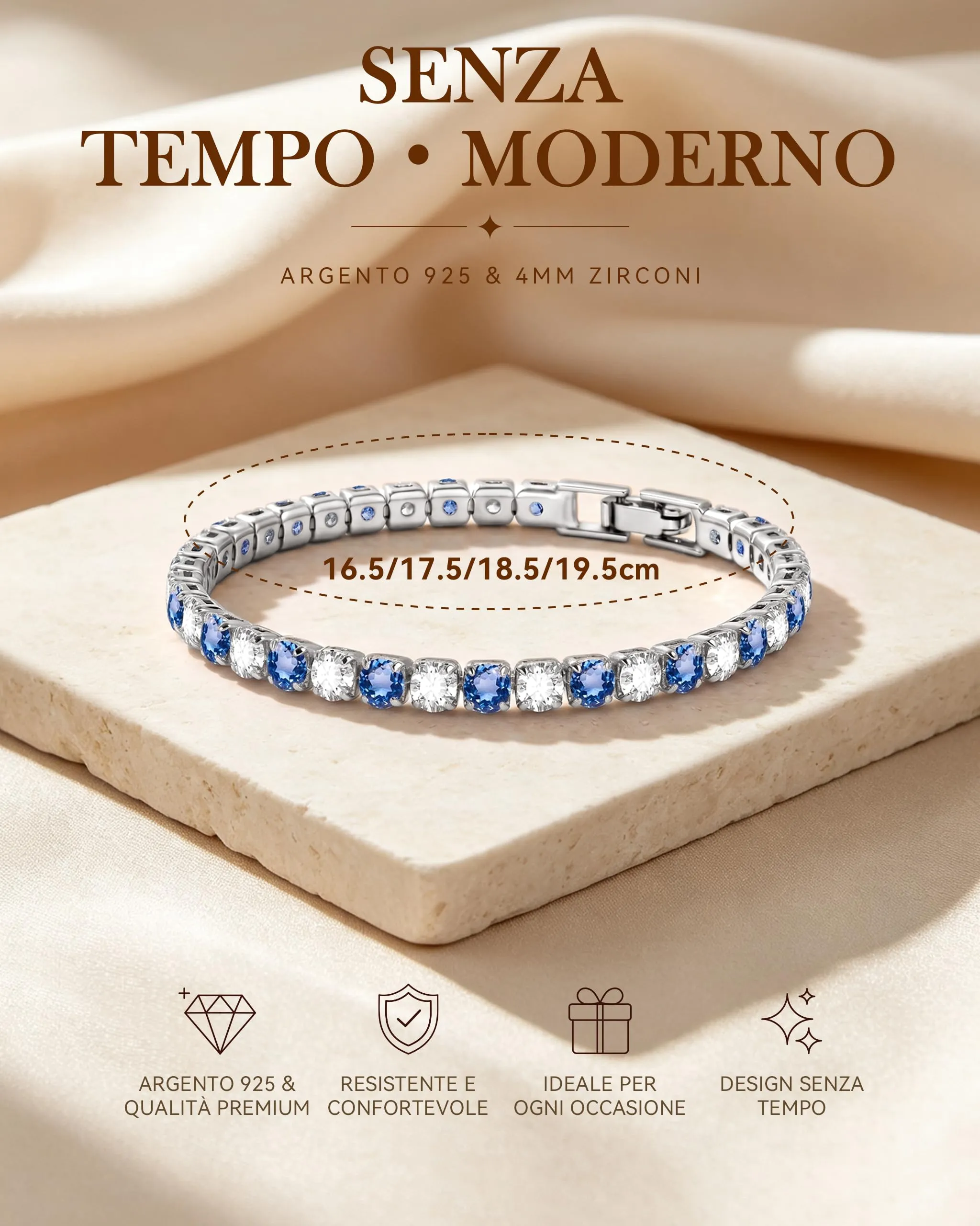 Ahokei Bracciale Tennis Donna in Argento 925 con Zirconi Blu Mare, 4mm, 18.5cm - immagine 4