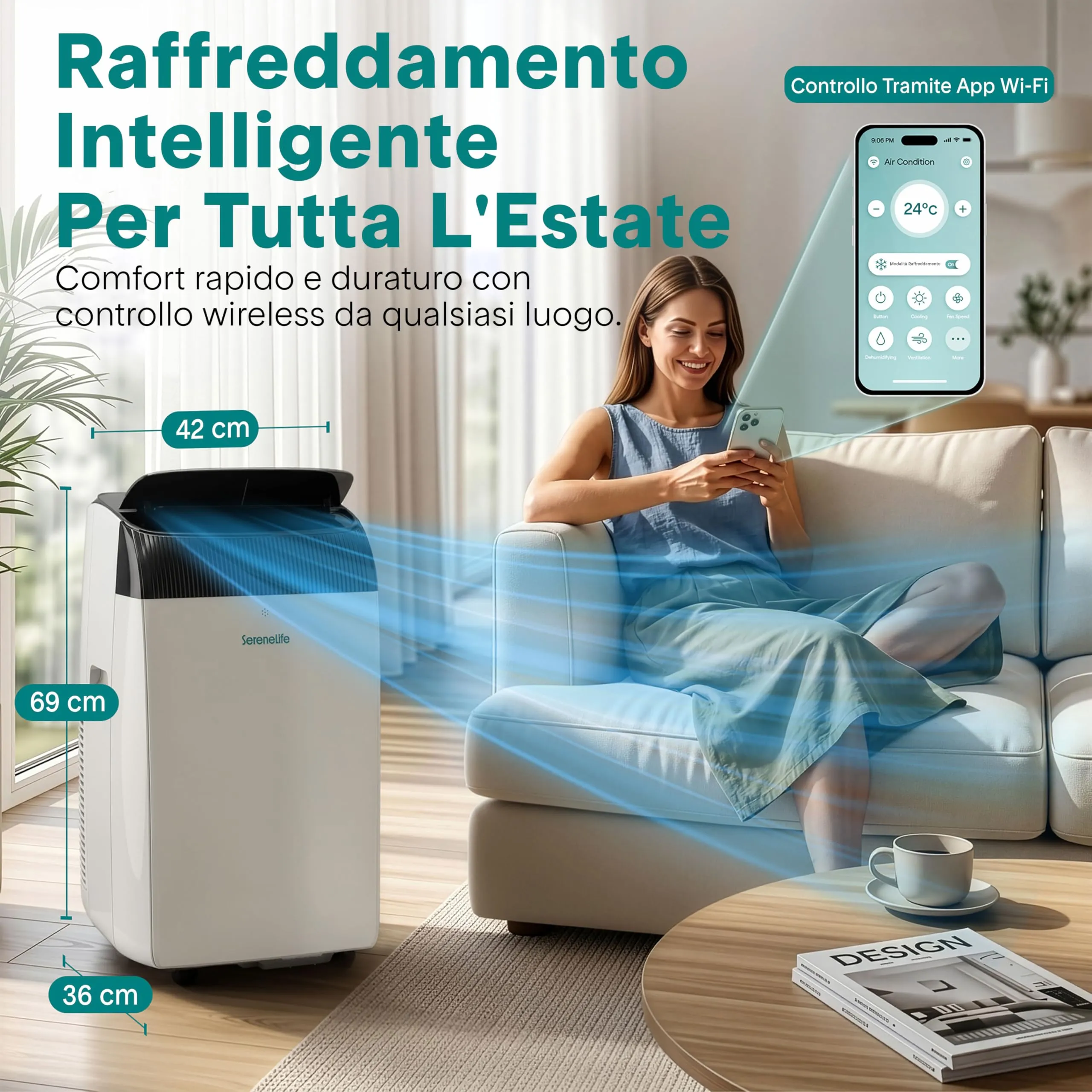 SereneLife Climatizzatore Portatile 14.000 BTU WiFi 4-in-1 Raffredda/Riscalda/Deumidifica/Ventola SLPACW144EU - immagine 2