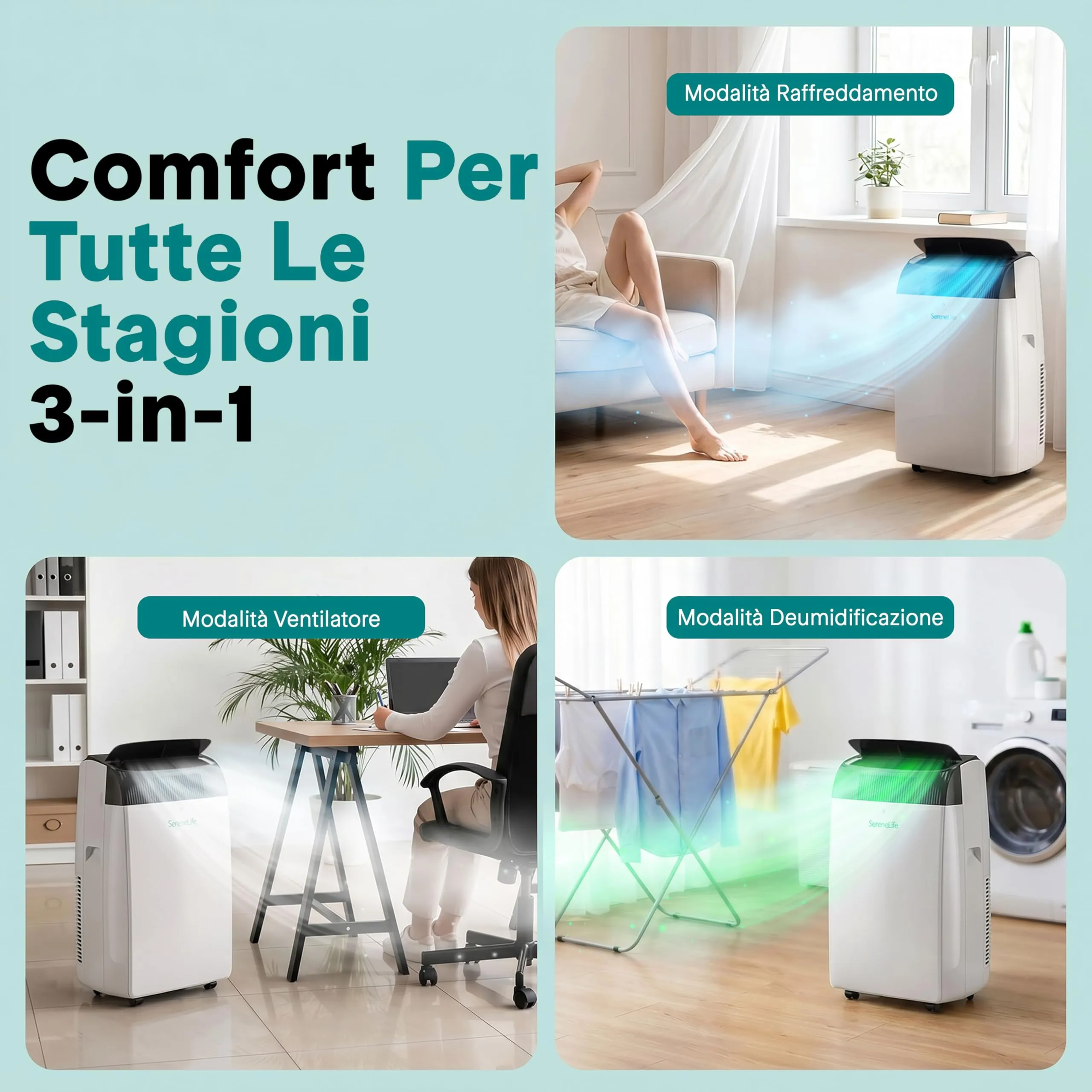 SereneLife Climatizzatore Portatile 14.000 BTU WiFi 4-in-1 Raffredda/Riscalda/Deumidifica/Ventola SLPACW144EU - immagine 4