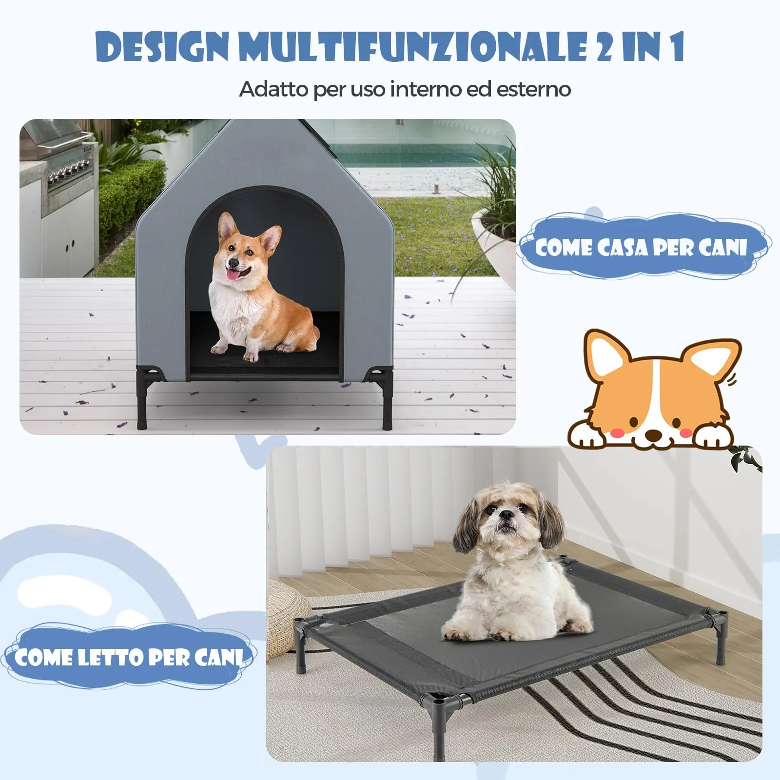 COSTWAY Casetta per Cani con Letto Rialzato, Copertura Impermeabile Rimovibile e Finestre Ventilate, Interno ed Esterno, 64 x 91 x 86 cm - immagine 2