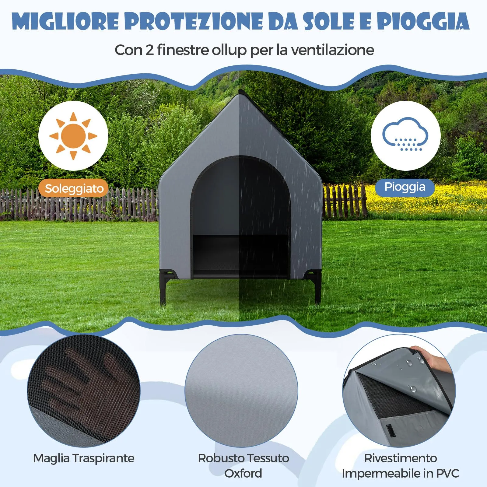 COSTWAY Casetta per Cani con Letto Rialzato, Copertura Impermeabile Rimovibile e Finestre Ventilate, Interno ed Esterno, 64 x 91 x 86 cm - immagine 3
