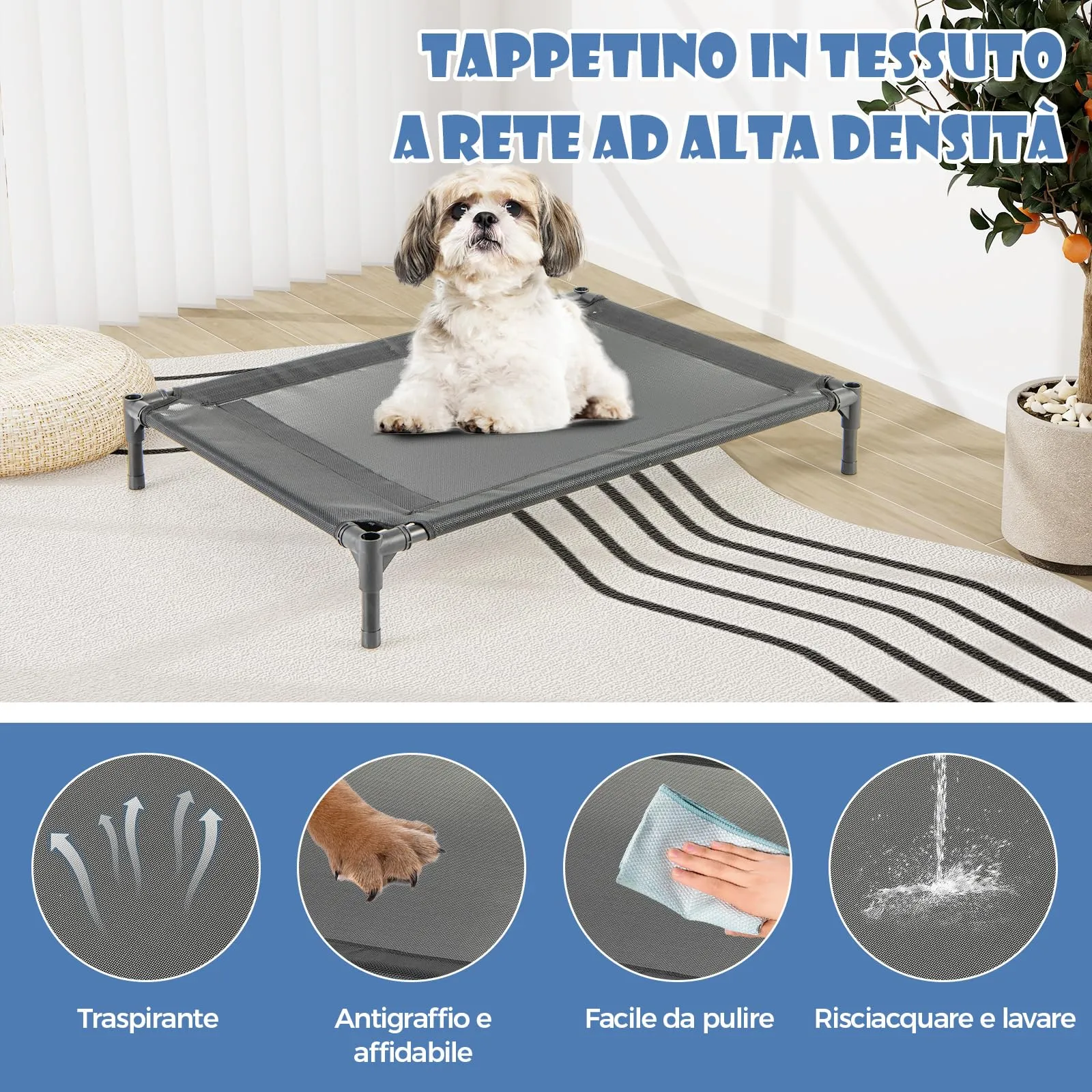 COSTWAY Casetta per Cani con Letto Rialzato, Copertura Impermeabile Rimovibile e Finestre Ventilate, Interno ed Esterno, 64 x 91 x 86 cm - immagine 4