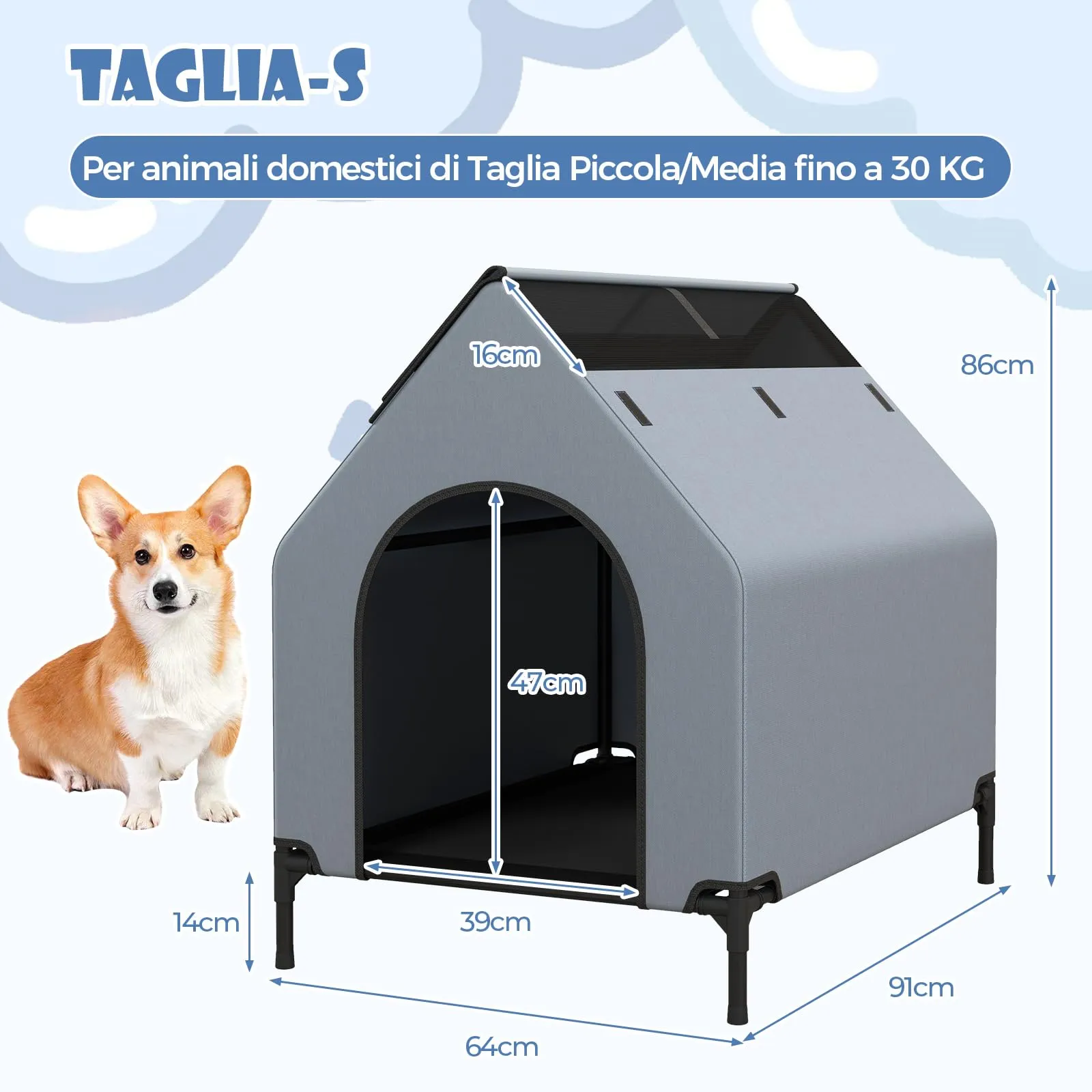 COSTWAY Casetta per Cani con Letto Rialzato, Copertura Impermeabile Rimovibile e Finestre Ventilate, Interno ed Esterno, 64 x 91 x 86 cm - immagine 7