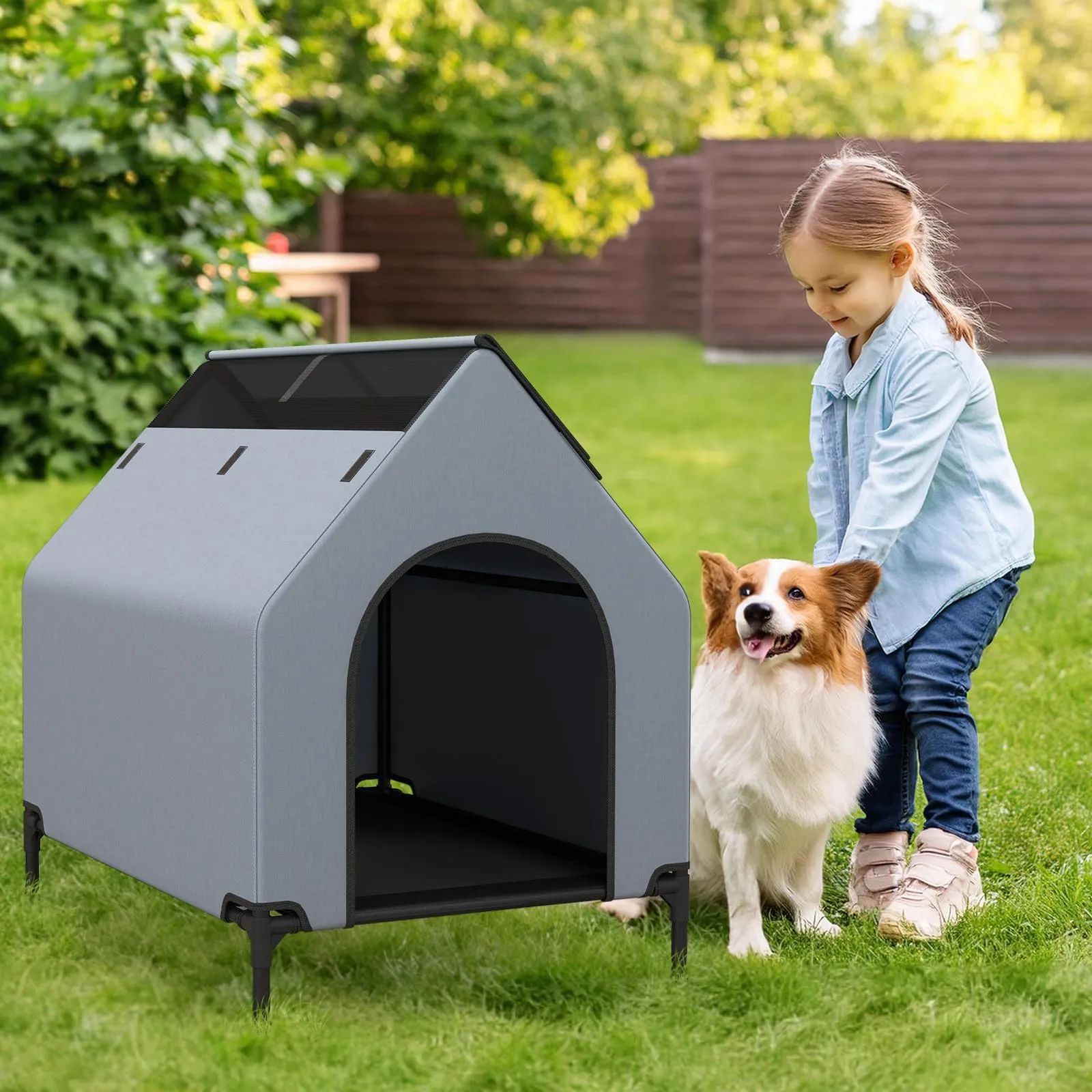 COSTWAY Casetta per Cani con Letto Rialzato, Copertura Impermeabile Rimovibile e Finestre Ventilate, Interno ed Esterno, 64 x 91 x 86 cm - immagine 8