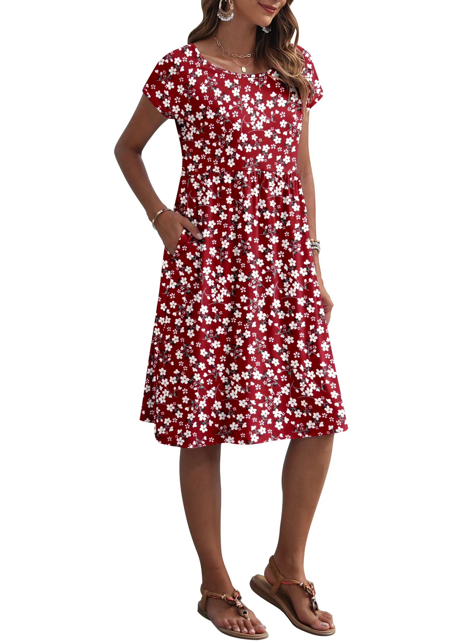 AUSELILY Vestito Estivo Donna Maniche Corte Abito al Ginocello con Tasche Floreale Rosso - immagine 2