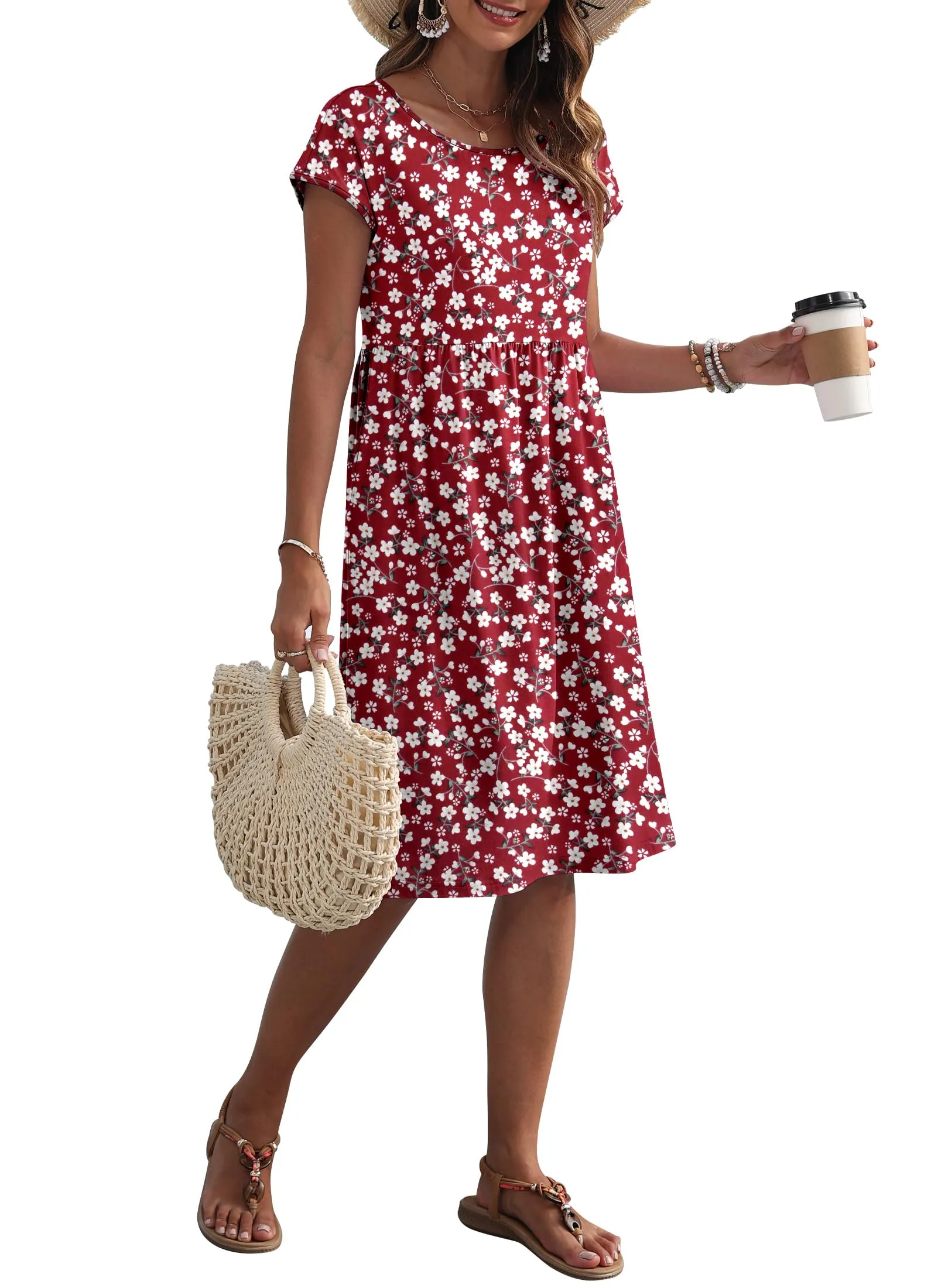 AUSELILY Vestito Estivo Donna Maniche Corte Abito al Ginocello con Tasche Floreale Rosso - immagine 4