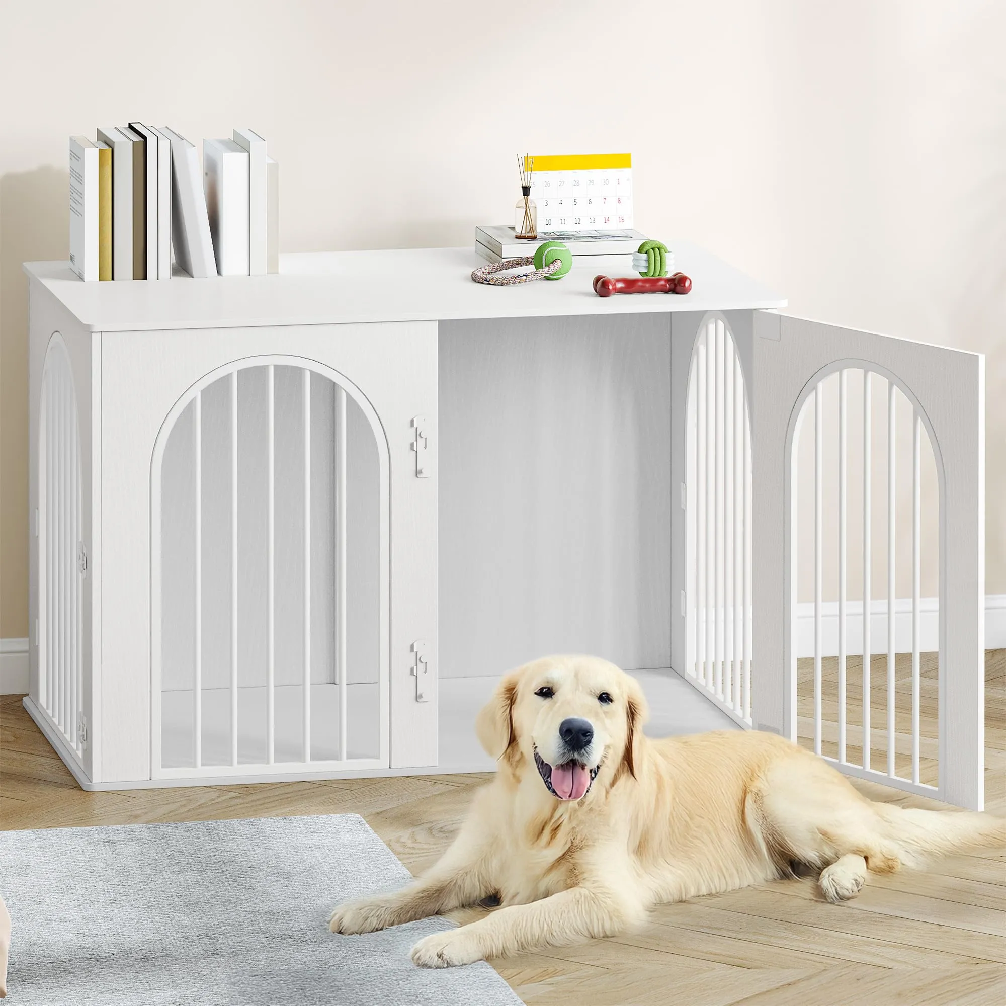 Hzuaneri Gabbia per Cani con Tavolo Supplemento, Cuccia Interna 3 Porte, Porta ad Arco, 64 x 108 x 76 cm, Bianco DFC86013W - immagine 1