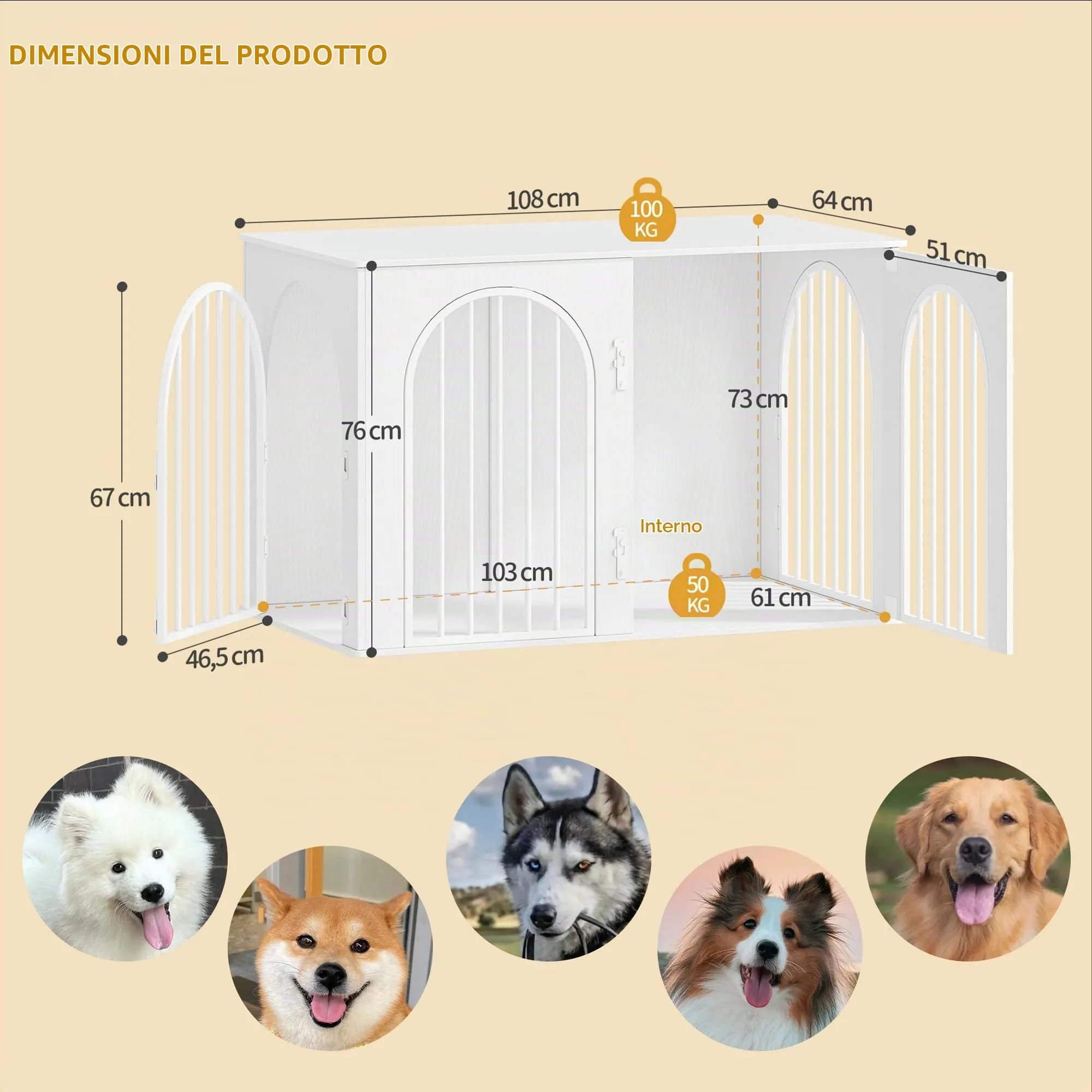 Hzuaneri Gabbia per Cani con Tavolo Supplemento, Cuccia Interna 3 Porte, Porta ad Arco, 64 x 108 x 76 cm, Bianco DFC86013W - immagine 2