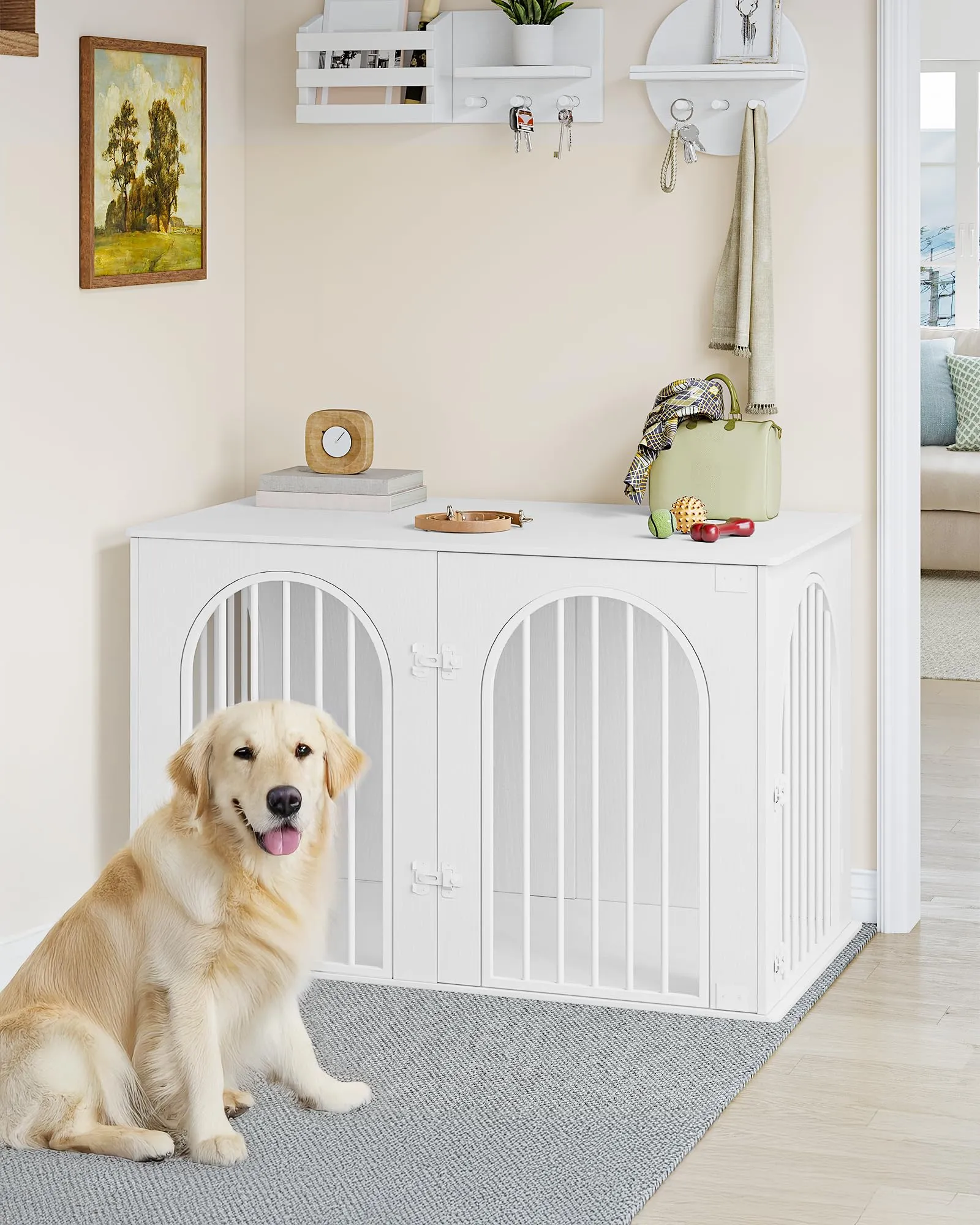 Hzuaneri Gabbia per Cani con Tavolo Supplemento, Cuccia Interna 3 Porte, Porta ad Arco, 64 x 108 x 76 cm, Bianco DFC86013W - immagine 3