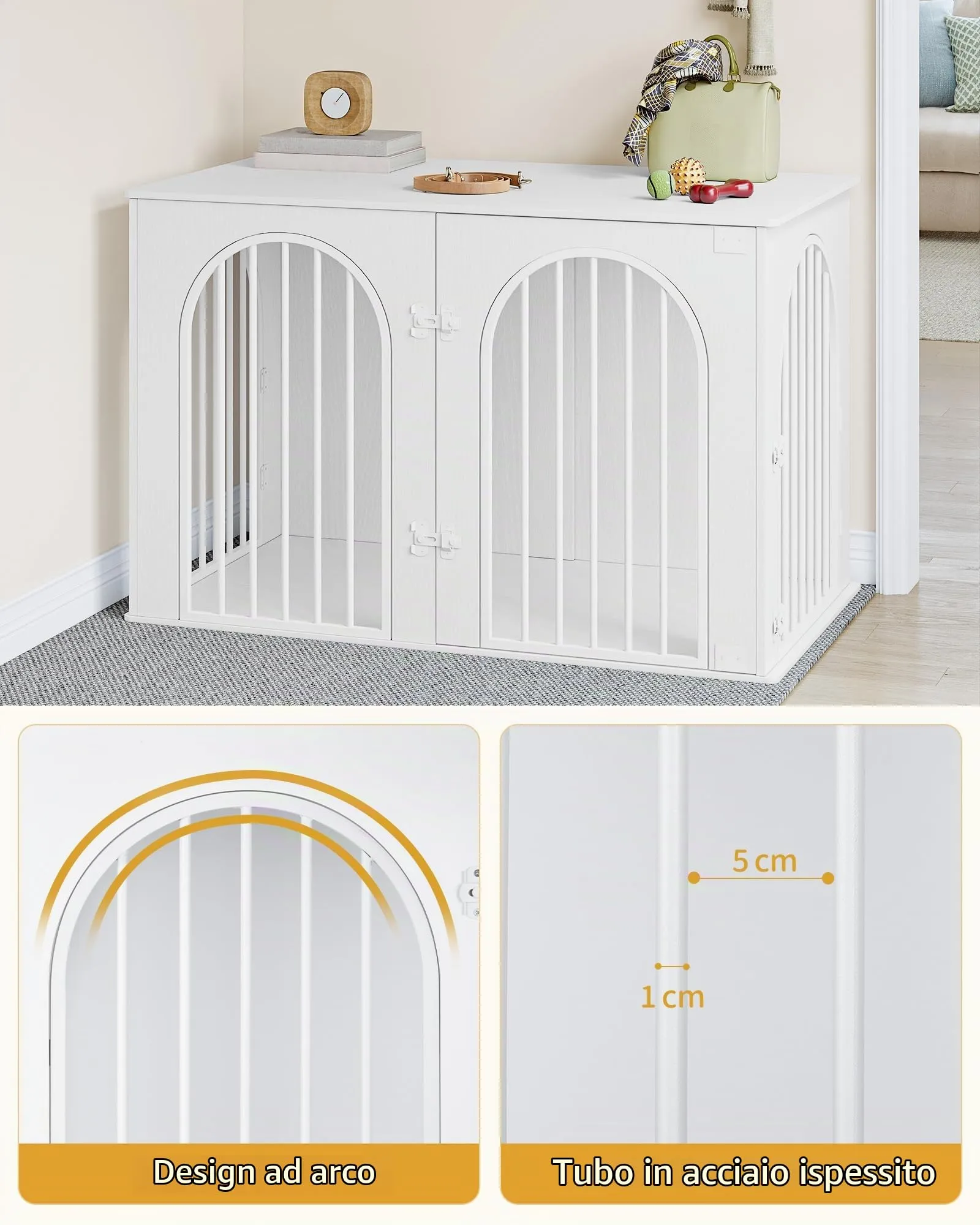 Hzuaneri Gabbia per Cani con Tavolo Supplemento, Cuccia Interna 3 Porte, Porta ad Arco, 64 x 108 x 76 cm, Bianco DFC86013W - immagine 4